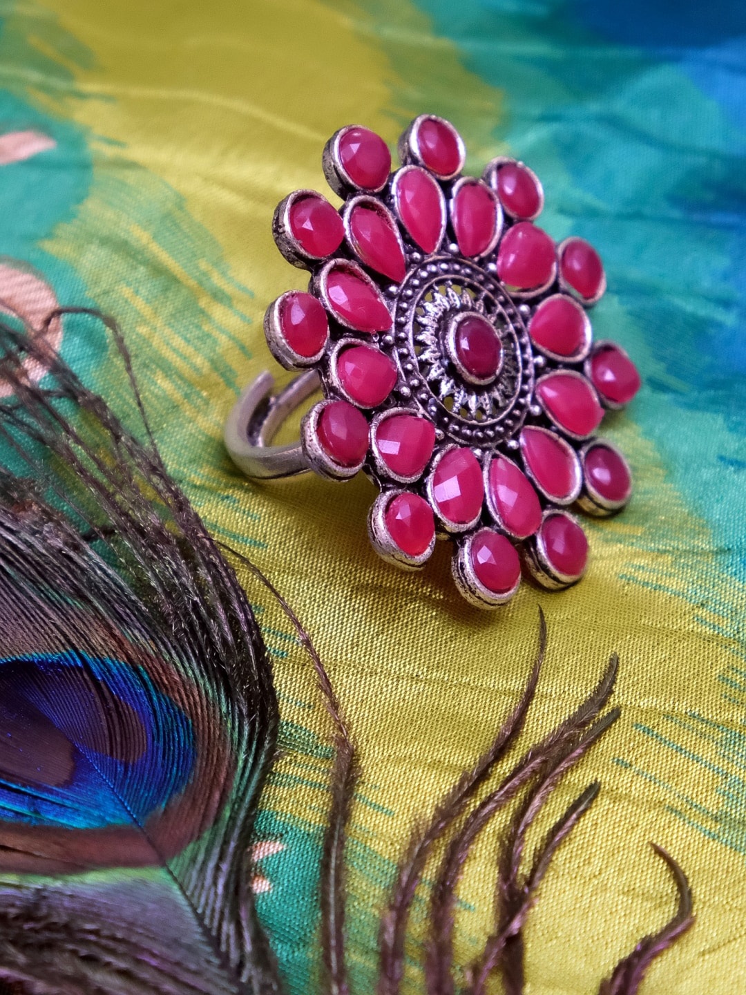 

Crunchy Fashion Oxidised Pink Silver-Plated Kundan-Studded Adjustable Finger Ring