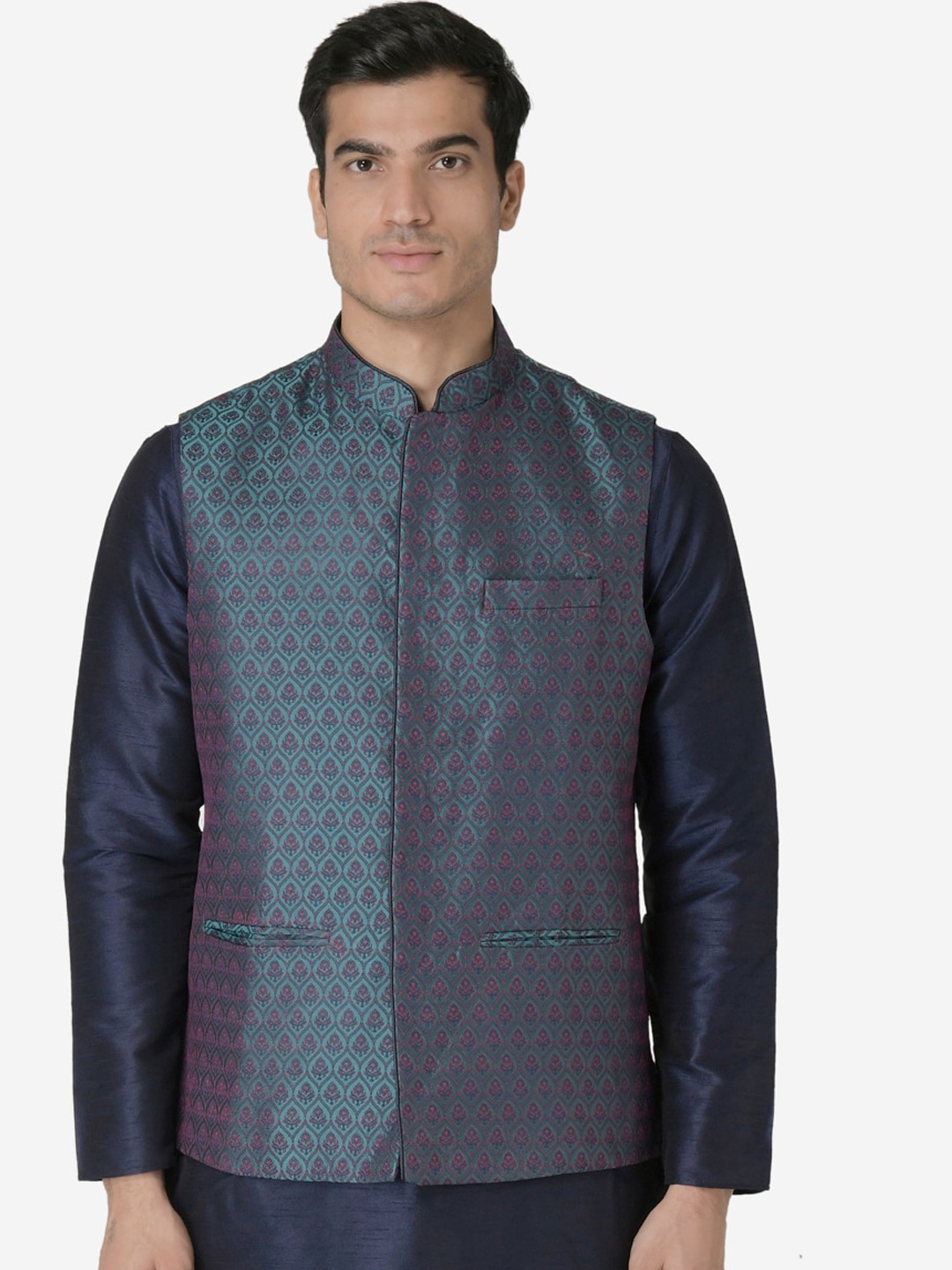 

TABARD Men Men Green & Maroon Printed Woven Nehru Jacket