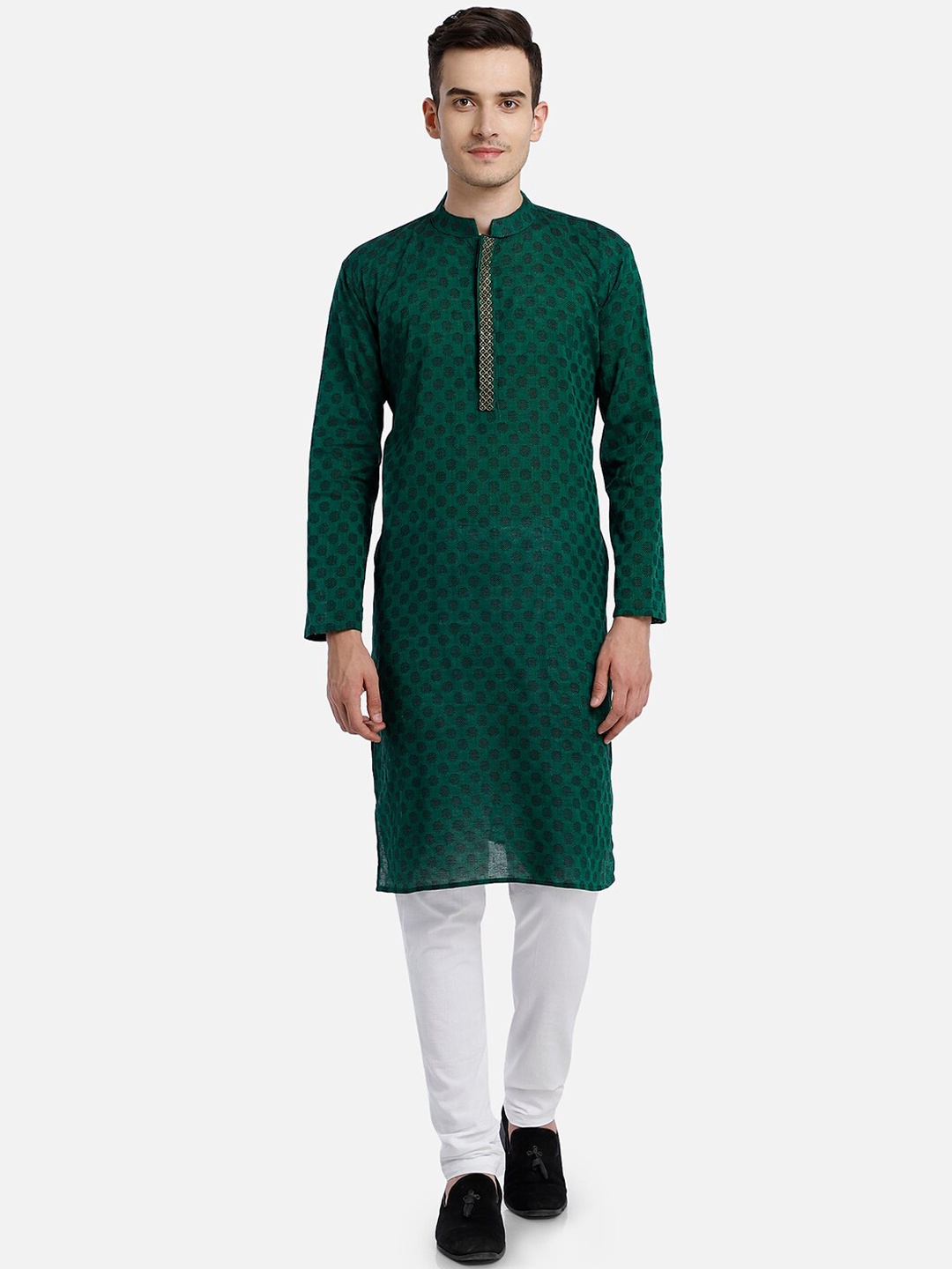 

PAROKSH Men Green & Black Woven Design Cotton Thread Work Handloom Kurta
