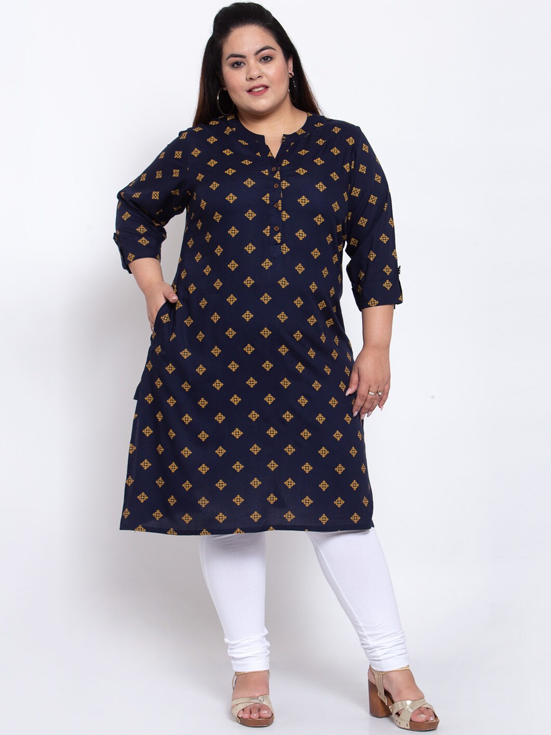 

plusS Women Navy Blue Ethnic Motifs Printed Kurta