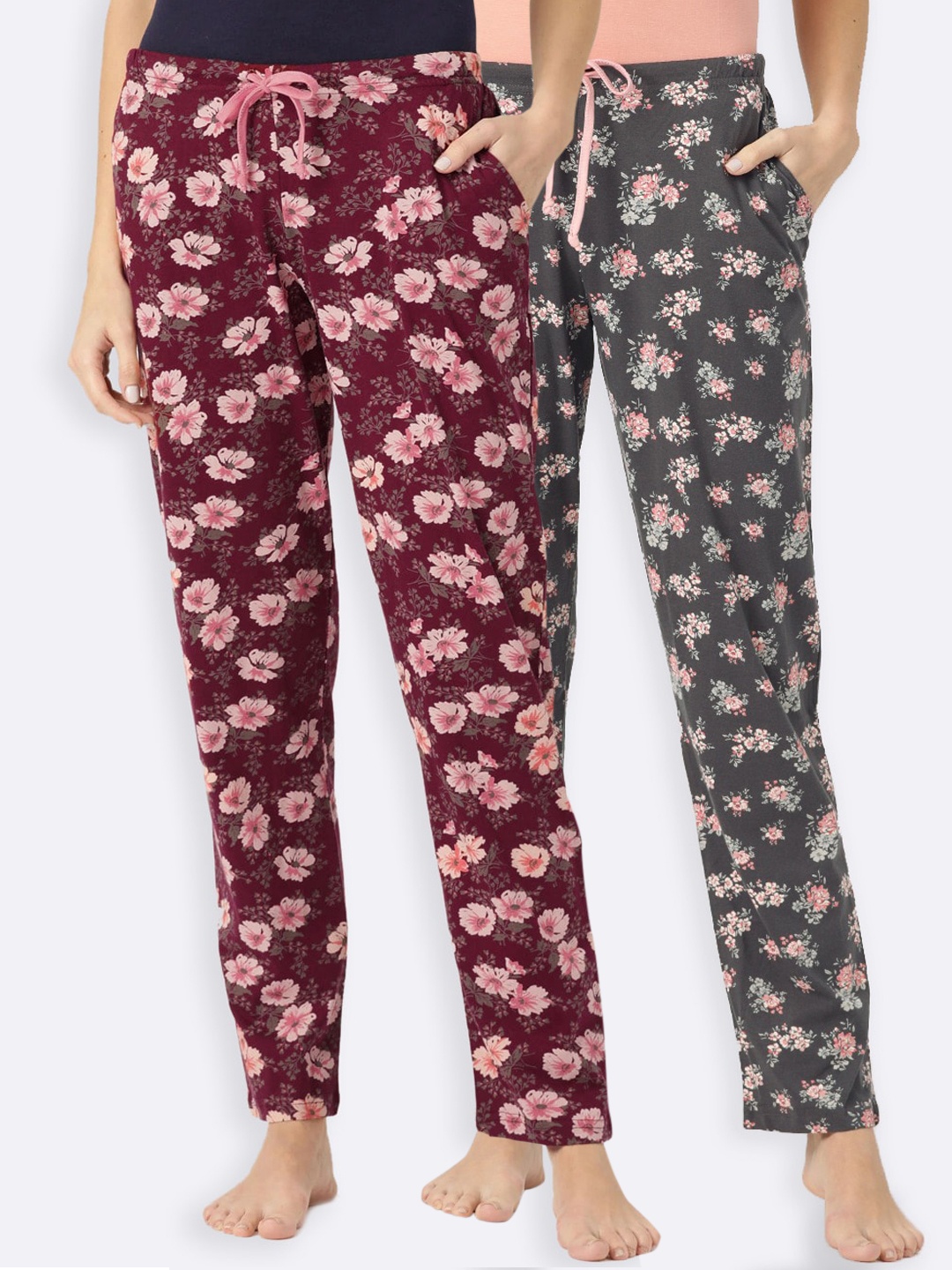 

Kanvin Women Pack of 2 Floral Print Pure Cotton Lounge Pants, Maroon