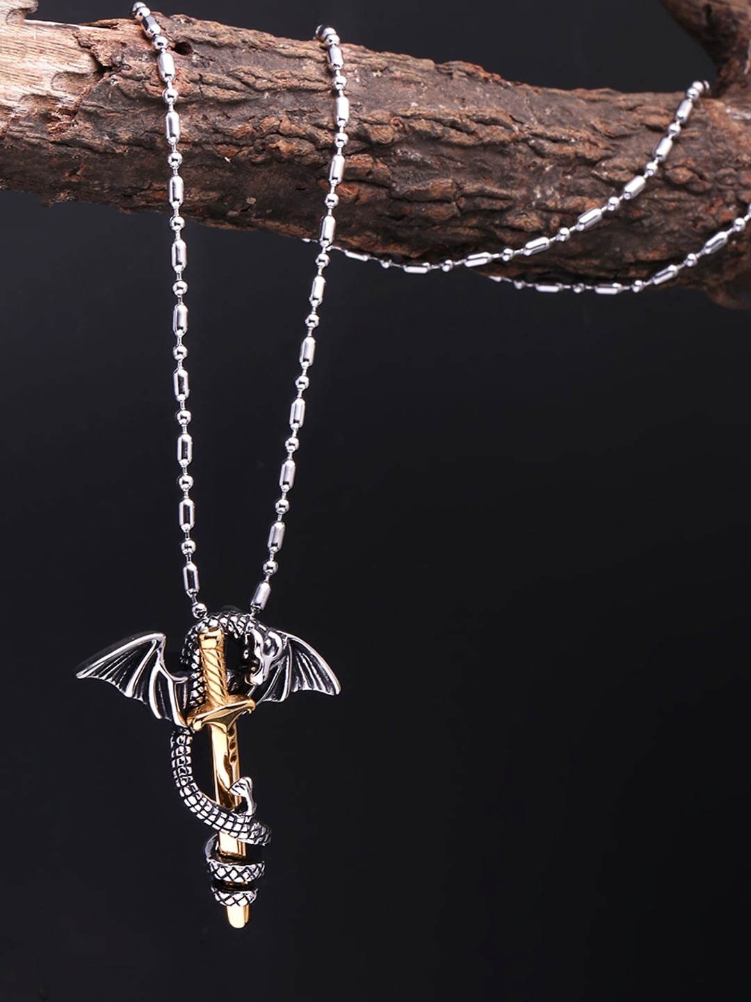 

Yellow Chimes Men Silver-Toned Sword Dragon-Shaped Pendant With Chain