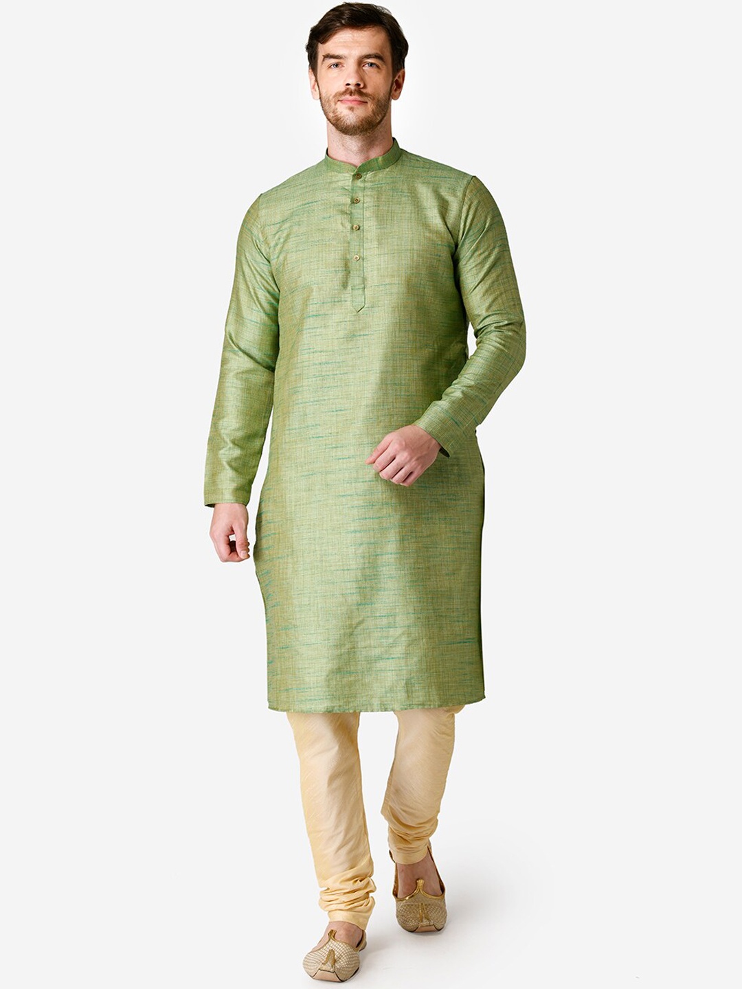 

TABARD Men Green & Beige Silk Blend Solid Kurta with Churidar