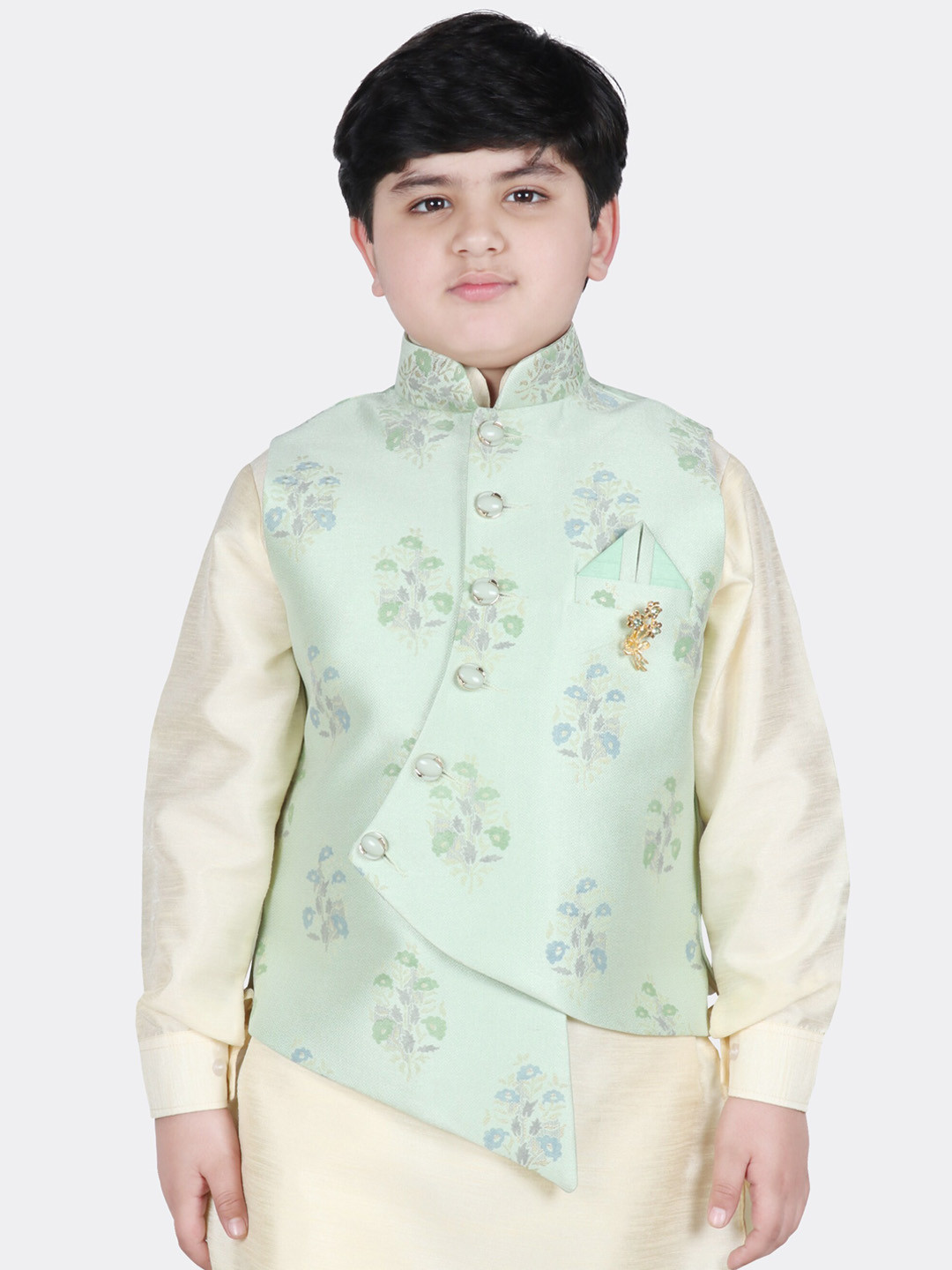 

SG YUVRAJ Boys Green & Blue Floral Print Nehru Jacket