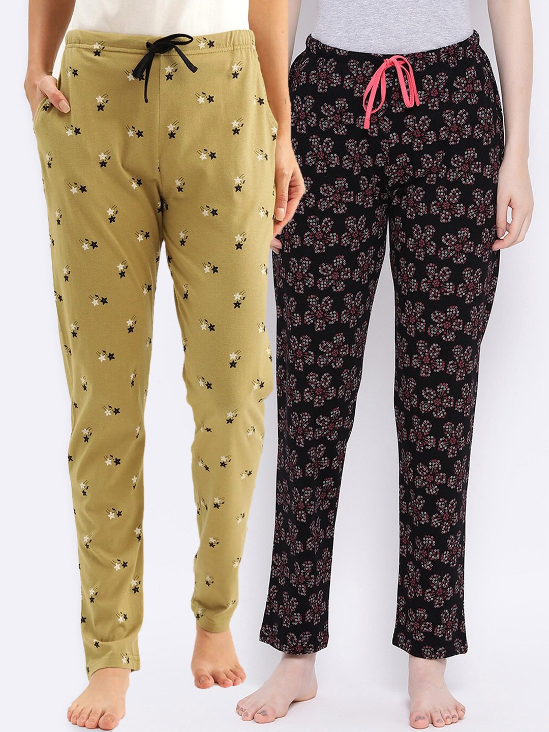 

Kanvin Women Pack of 2 Printed Pure Cotton Lounge Pants, Mustard