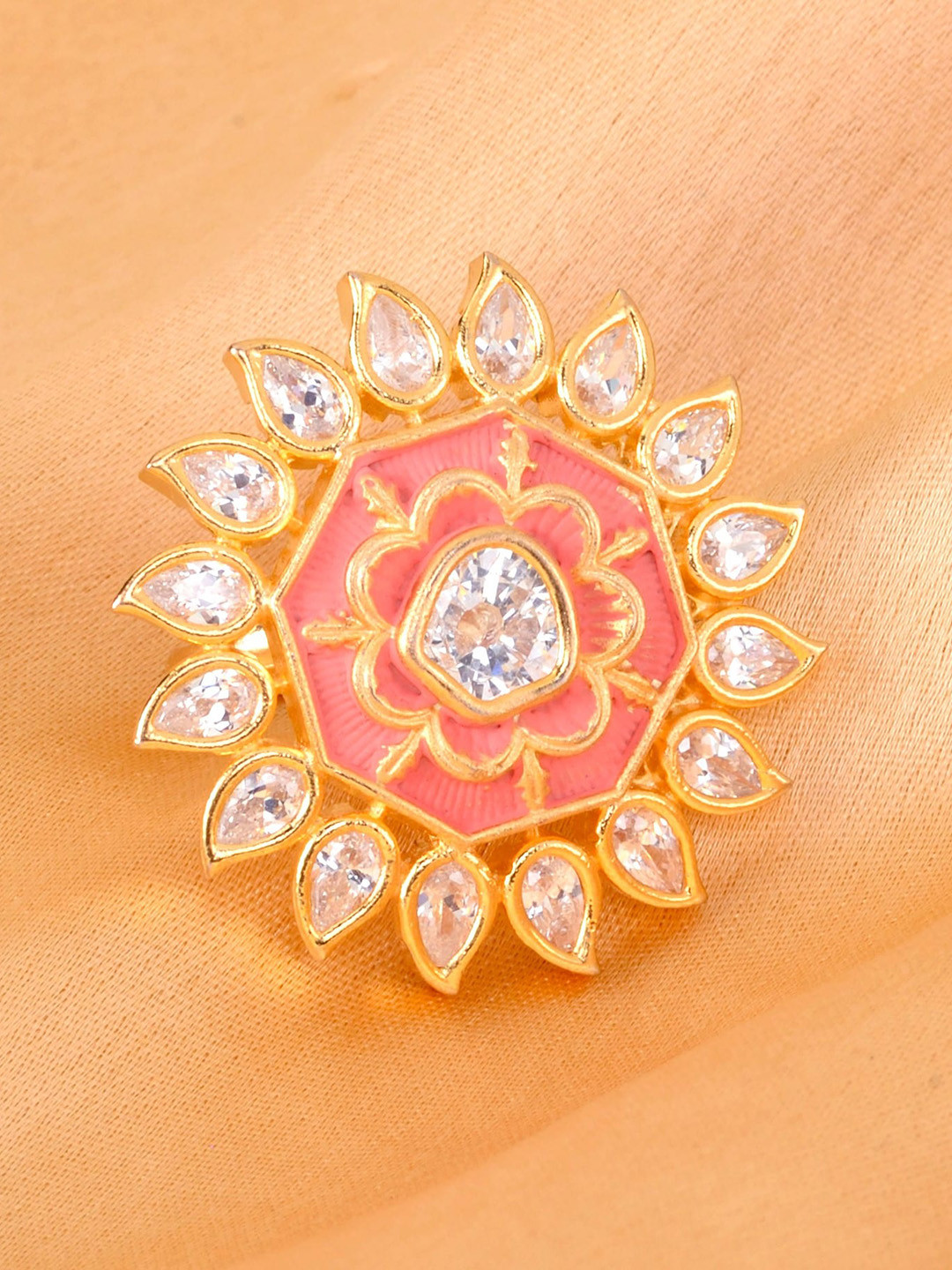 

Saraf RS Jewellery Gold-Plated Pink & White AD-Studded Handcrafted Adjustable Finger Ring