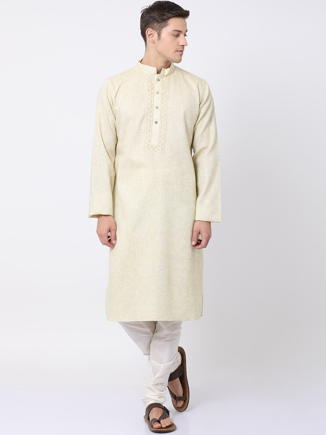 

TABARD Men Cream-Coloured & White Pure Cotton Solid Kurta with Churidar