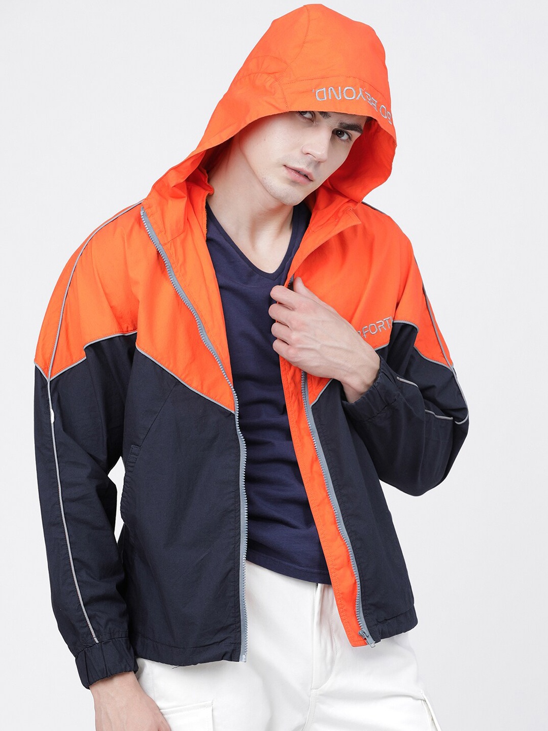 

LOCOMOTIVE Men Orange & Navy Blue Colourblocked Hooded Tailored Cotton Jacket