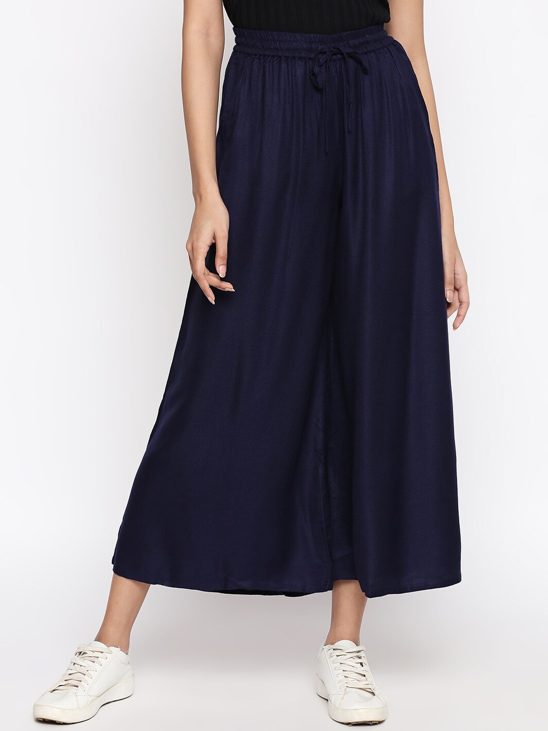 

People Women Navy Blue Regular Fit Solid Parallel Trousers