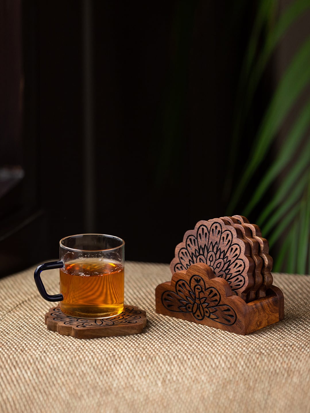 

ExclusiveLane Set of 4 Brown Hand-Carved Wooden Coasters With Holder