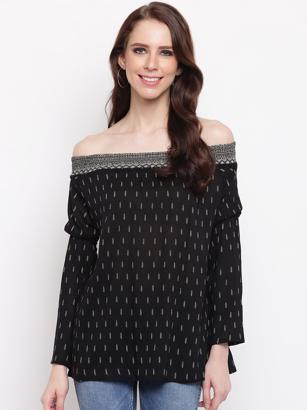 RIVI Black & White Ethnic Motifs Print Off-Shoulder Bardot Top