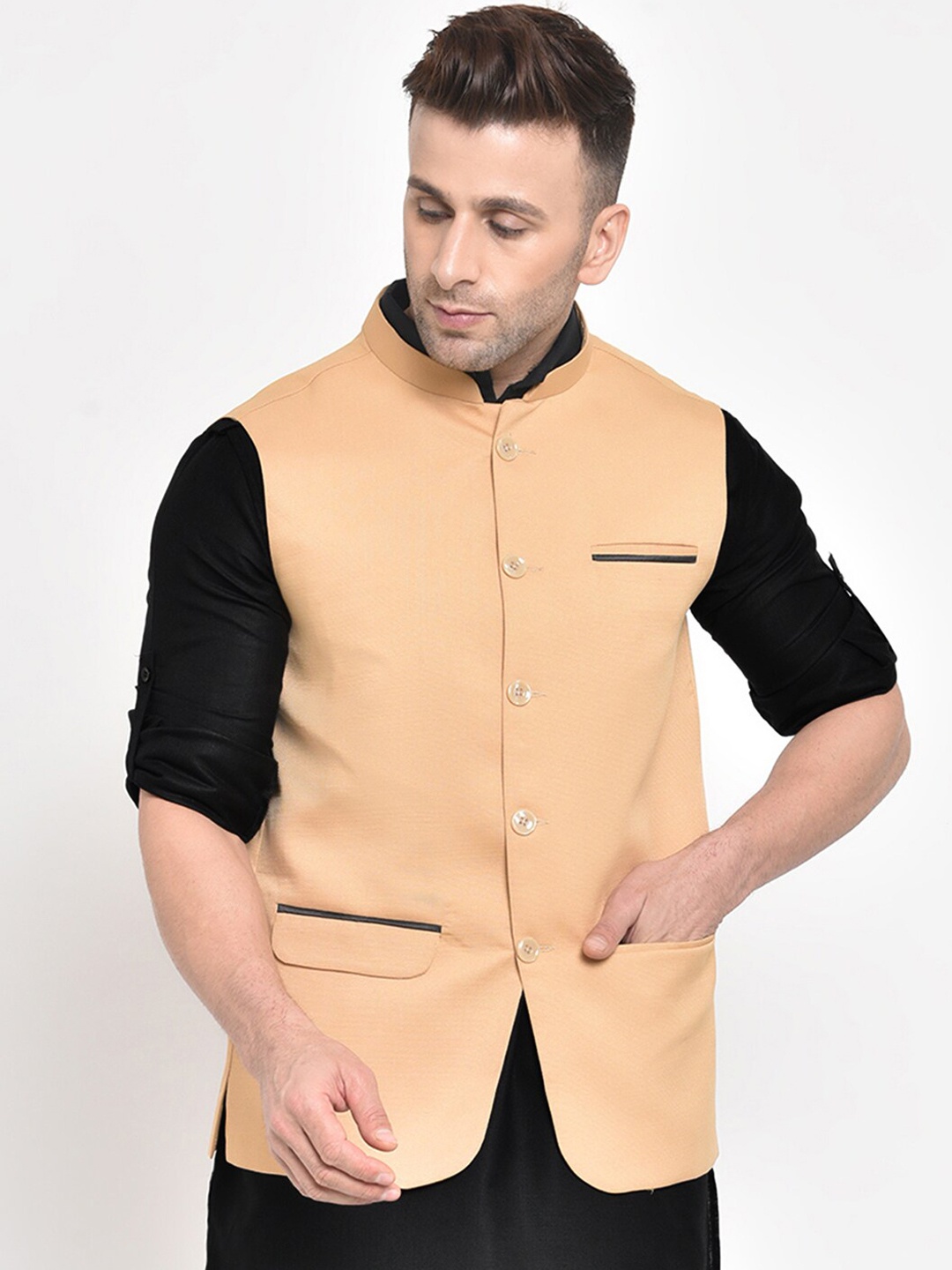 Hangup Men Beige Solid Nehru Jacket