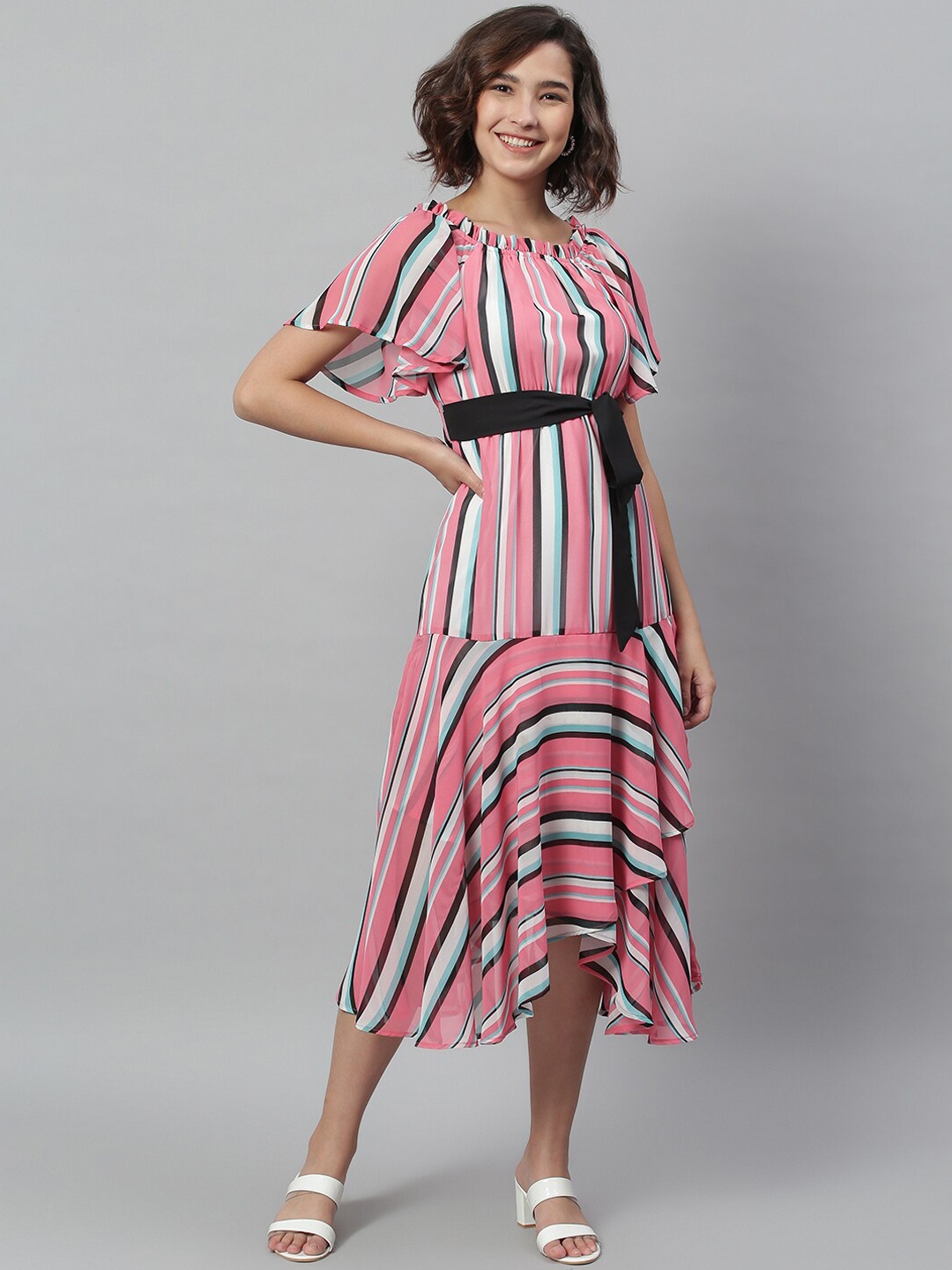 

KASSUALLY Pink Striped Georgette Midi Dress