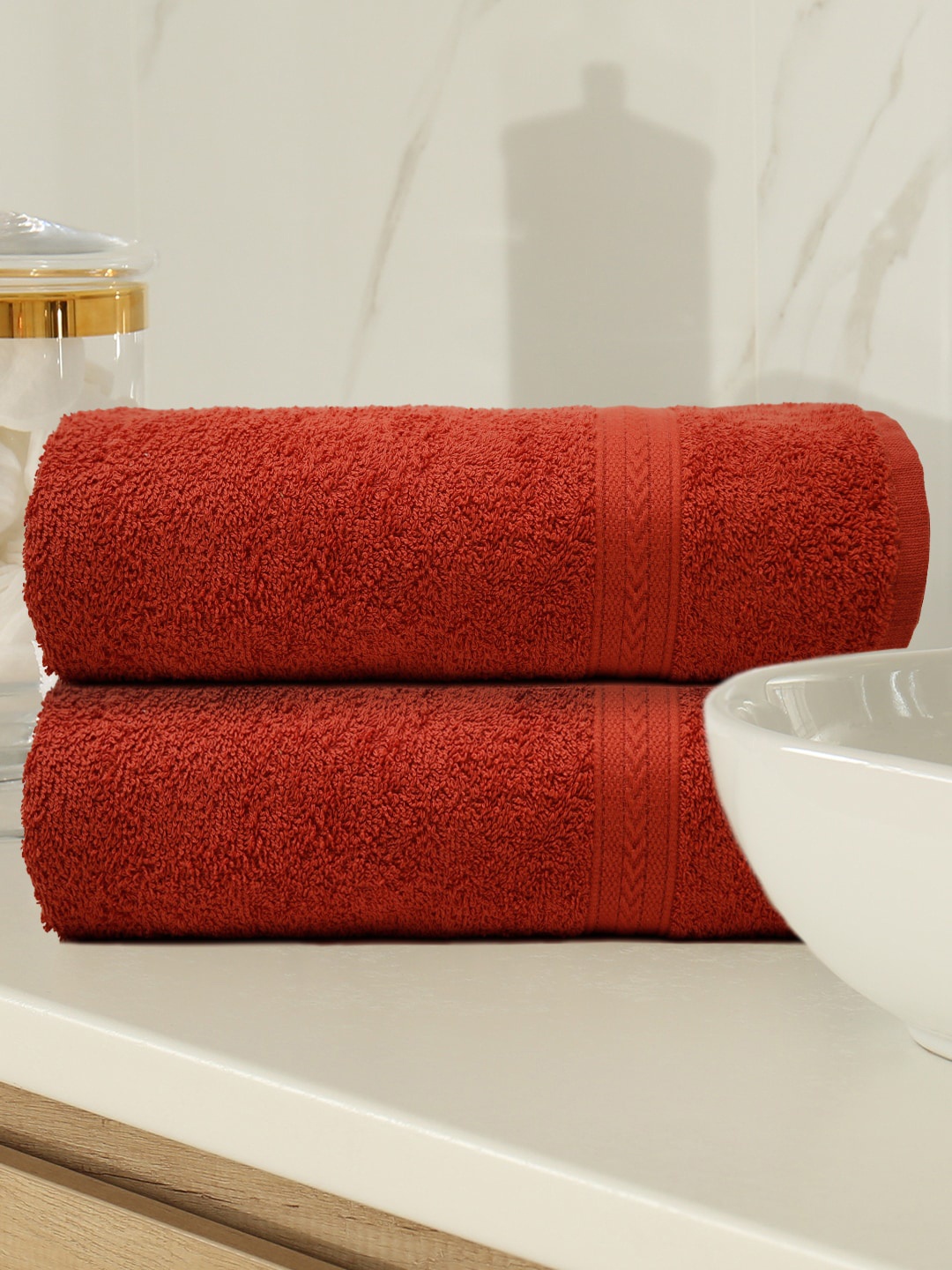 Trident Unisex Set Of 2 Red Solid 400 GSM Pure Cotton Bath Towels