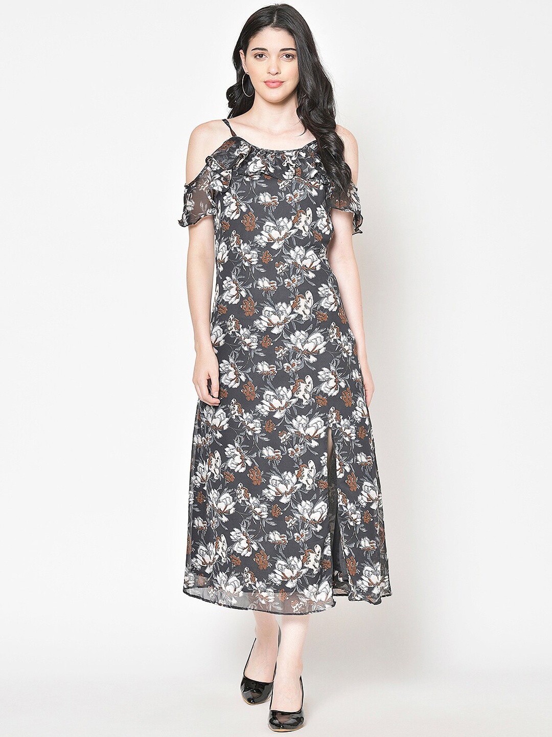 Cation Women Charcoal Grey & White Floral Print Midi A-Line Dress