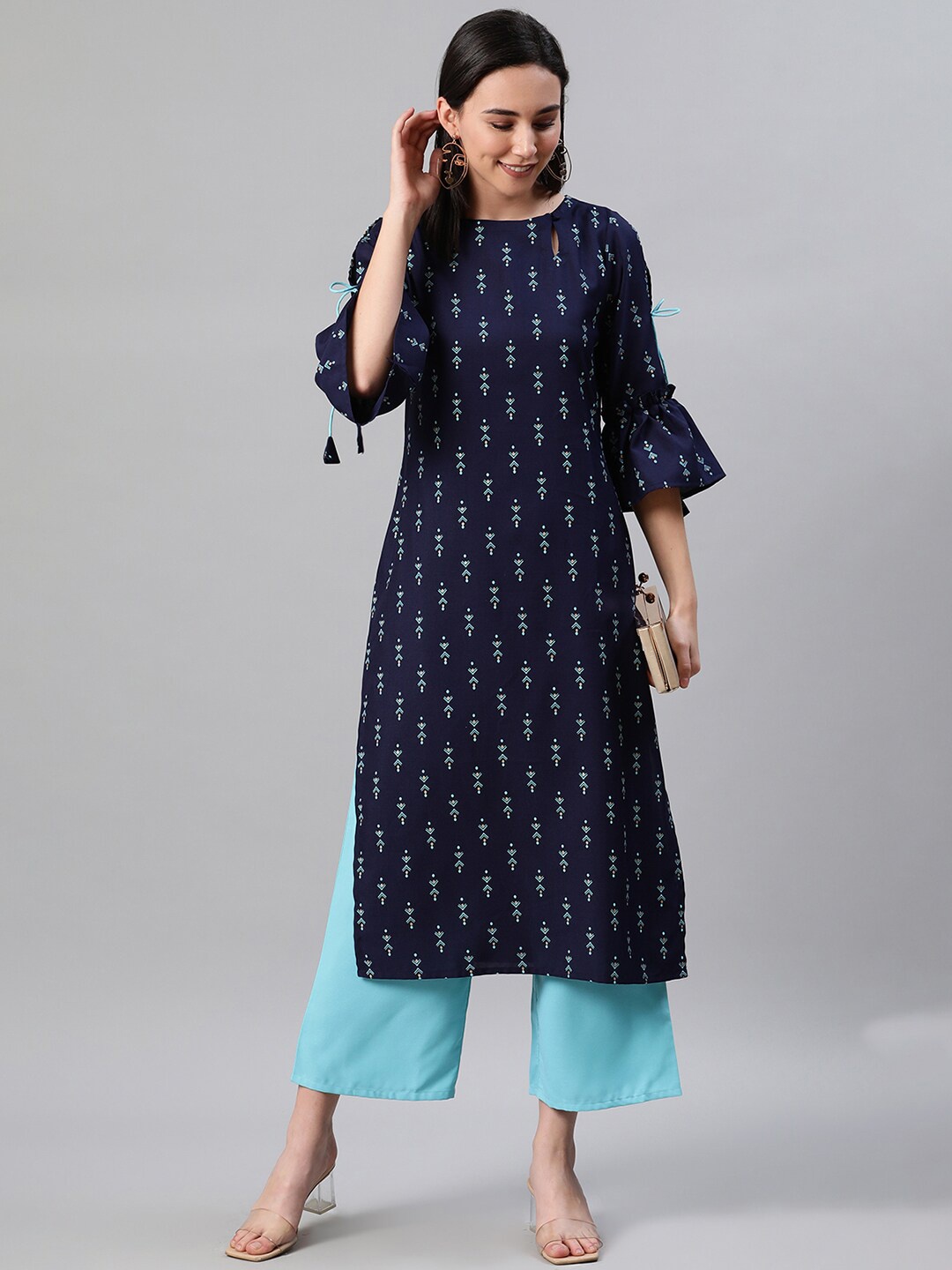 

ZIYAA Women Blue & Golden Ethnic Motifs Khari Print Keyhole Neck Bell Sleeves Kurta