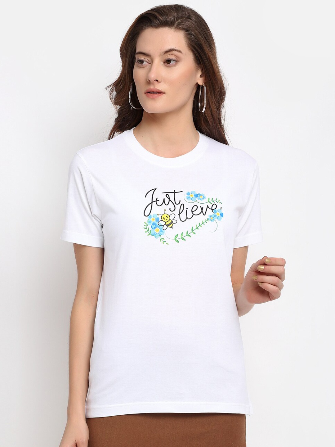

YOLOCLAN Women White Printed Round Neck T-shirt