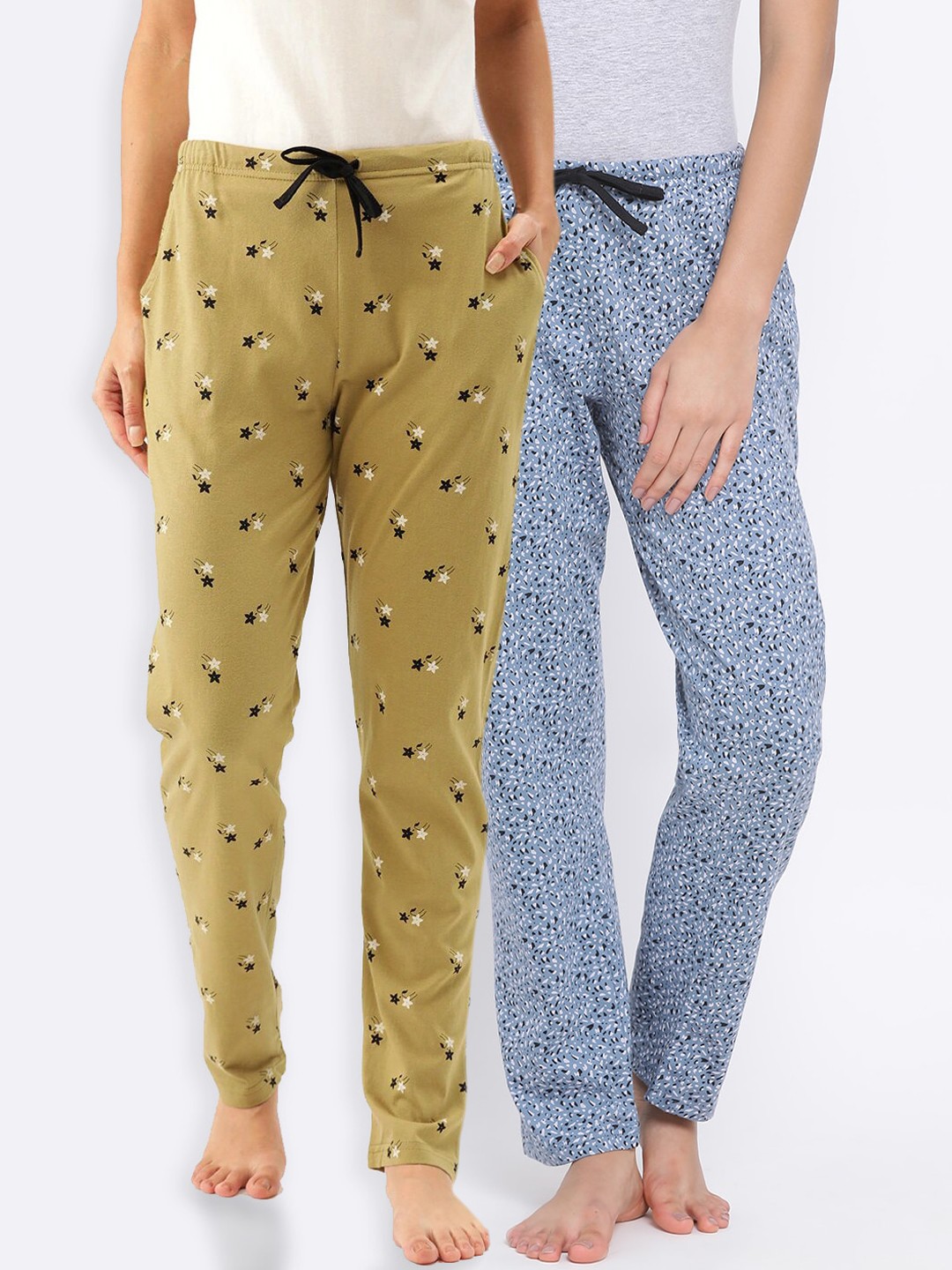 

Kanvin Women Pack of 2 Printed Pure Cotton Lounge Pants, Mustard