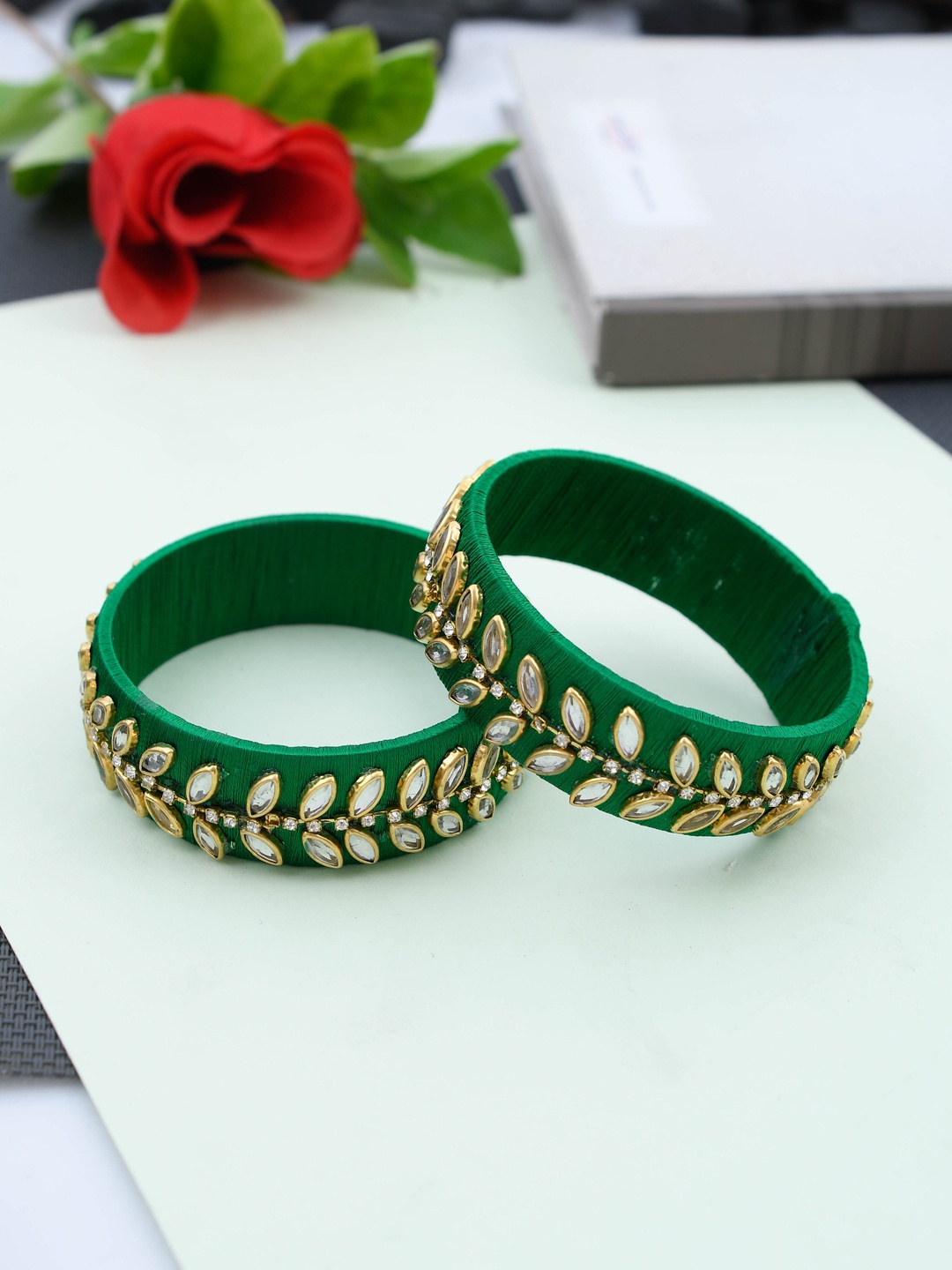 

Silvermerc Designs Set Of 2 Green & White Kundan-Studded Handcrafted Bangles, Gold