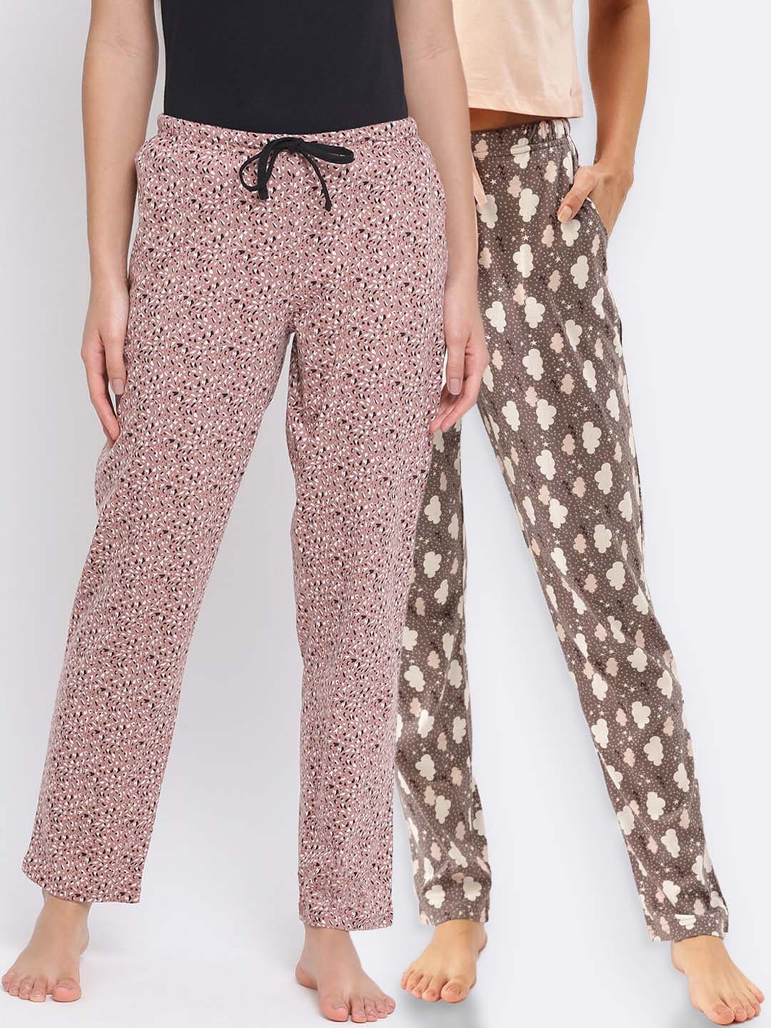 

Kanvin Women Pack of 2 Printed Pure Cotton Lounge Pants, Brown