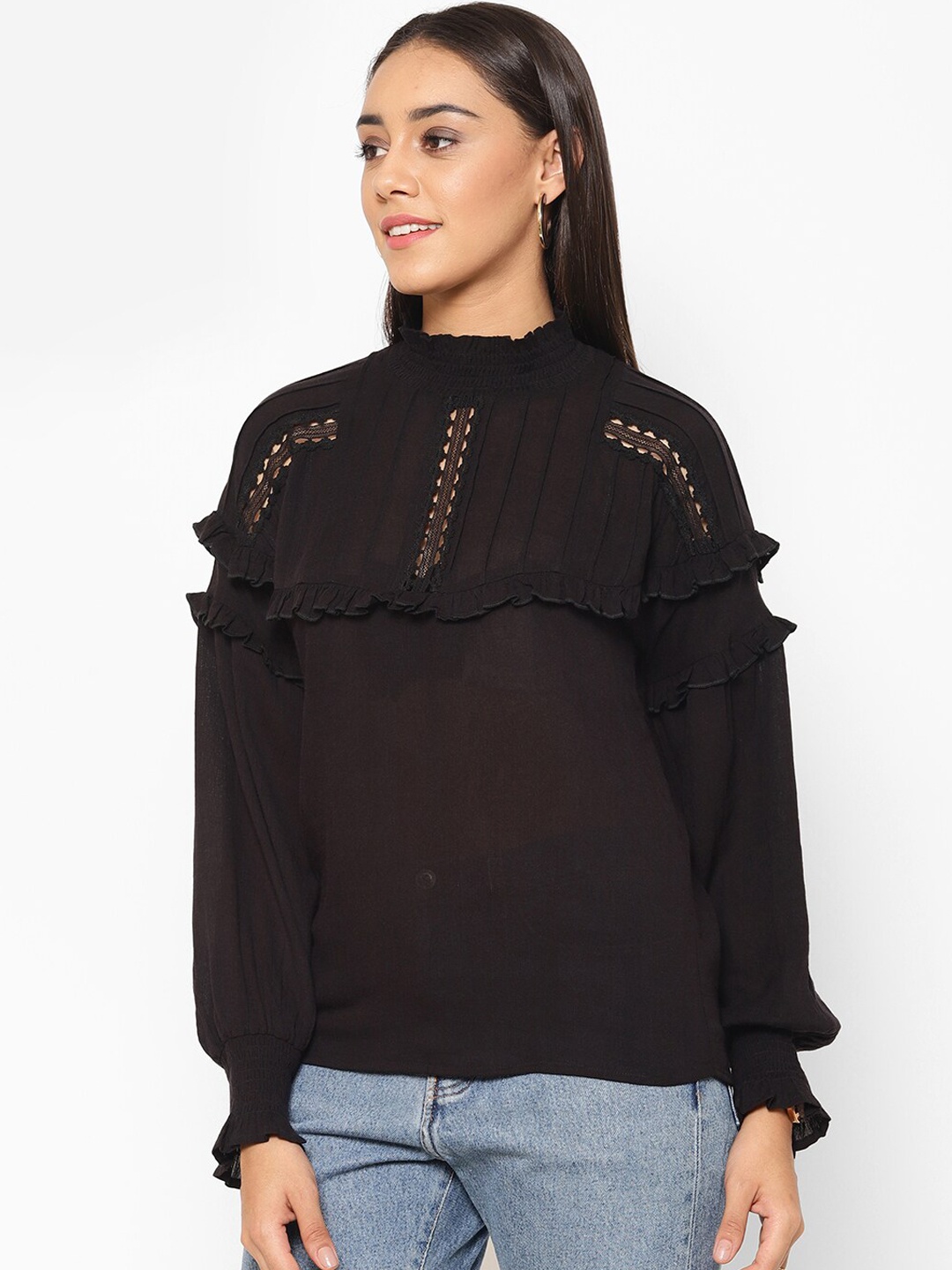 

HOUSE OF KKARMA Women Black Solid Puff Sleeves Regular Top