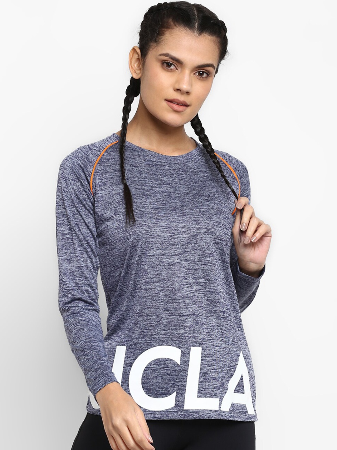 

UCLA Women Blue & White Brand Logo Print Slim Fit T-shirt with Melange Effect