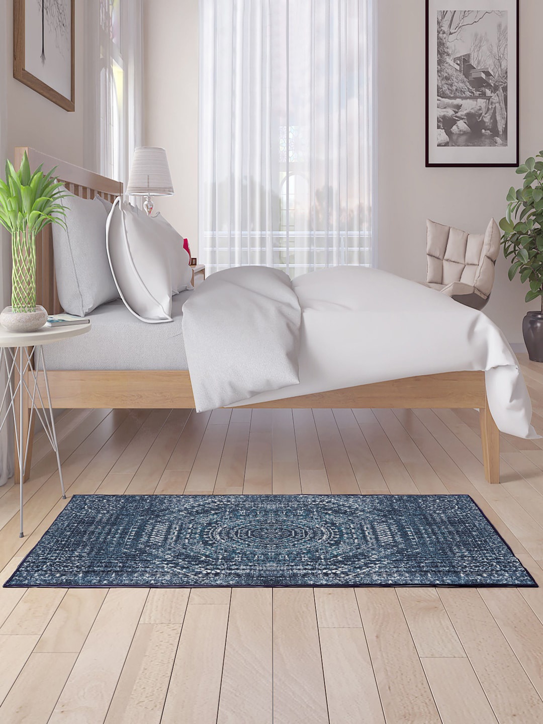 Status Navy Blue & White Printed Rectangular Bed Runner