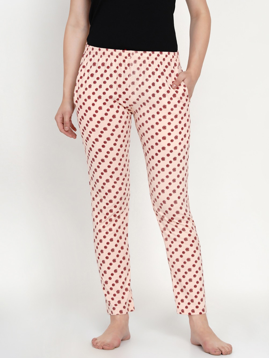 

FABNEST Women Peach-Coloured & Maroon Floral Printed Lounge Pants