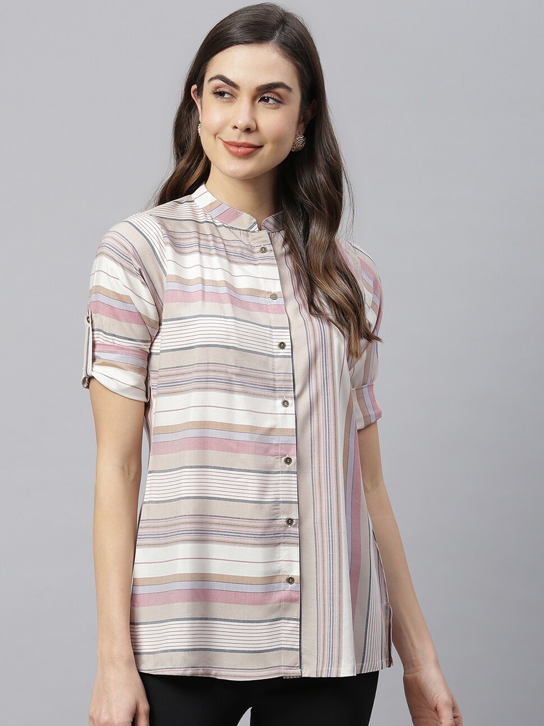 

HK colours of fashion Cream-Coloured & Pink Striped Mandarin Collar Shirt Style Top