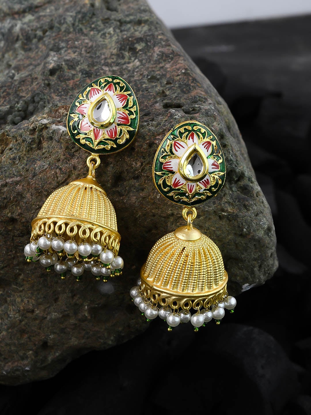 

Silvermerc Designs Gold-Plated & Green Dome Shaped Jhumkas
