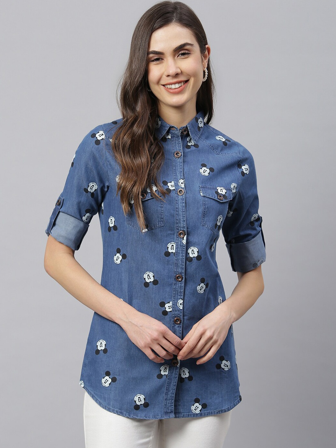 

HK colours of fashion Women Navy Blue & White Slim Mickey Mouse Printed Denim Casual Shirt