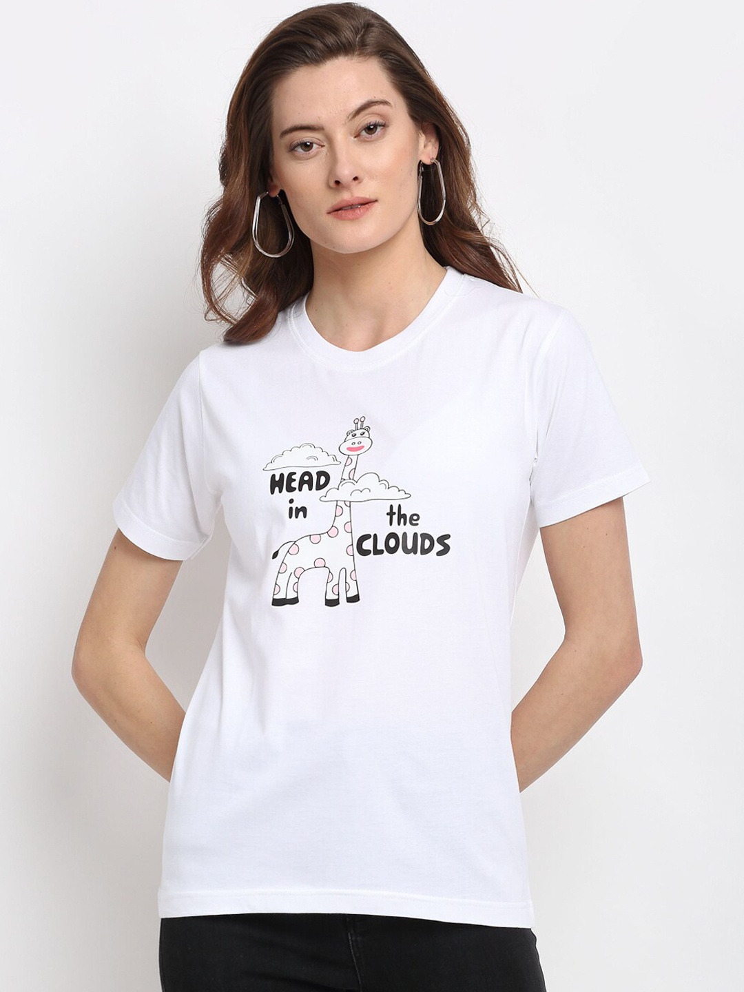 

YOLOCLAN Women White Printed Round Neck T-shirt