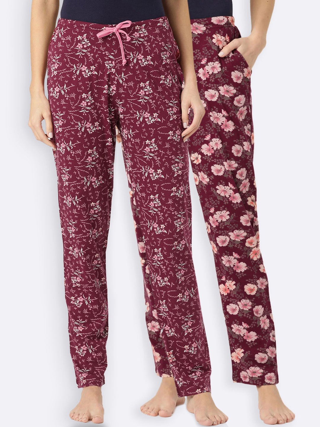 

Kanvin Women Pack of 2 Floral Print Pure Cotton Lounge Pants, Maroon