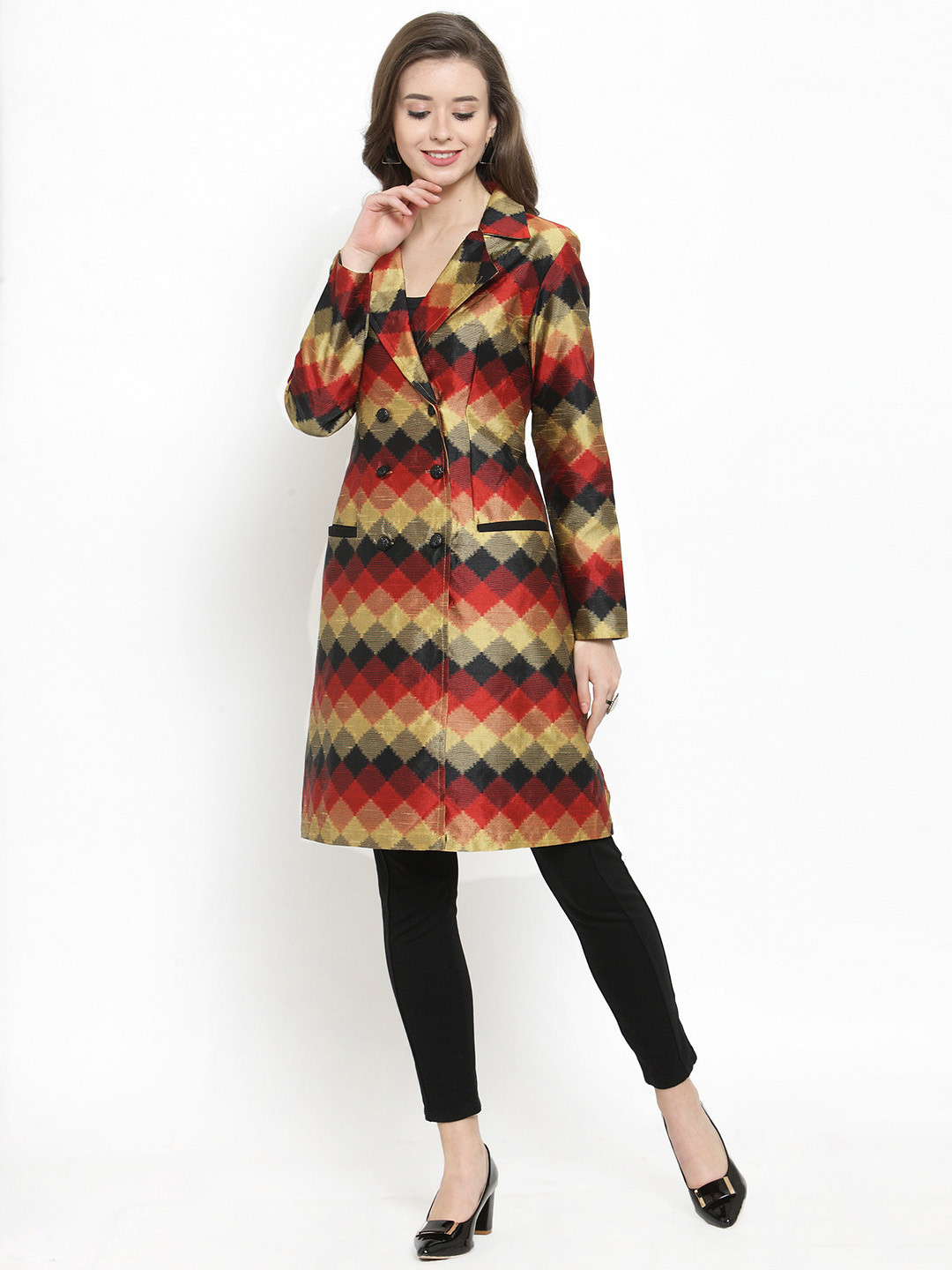 

Get Glamr Women Beige & Red Geometric Print Longline Overcoat