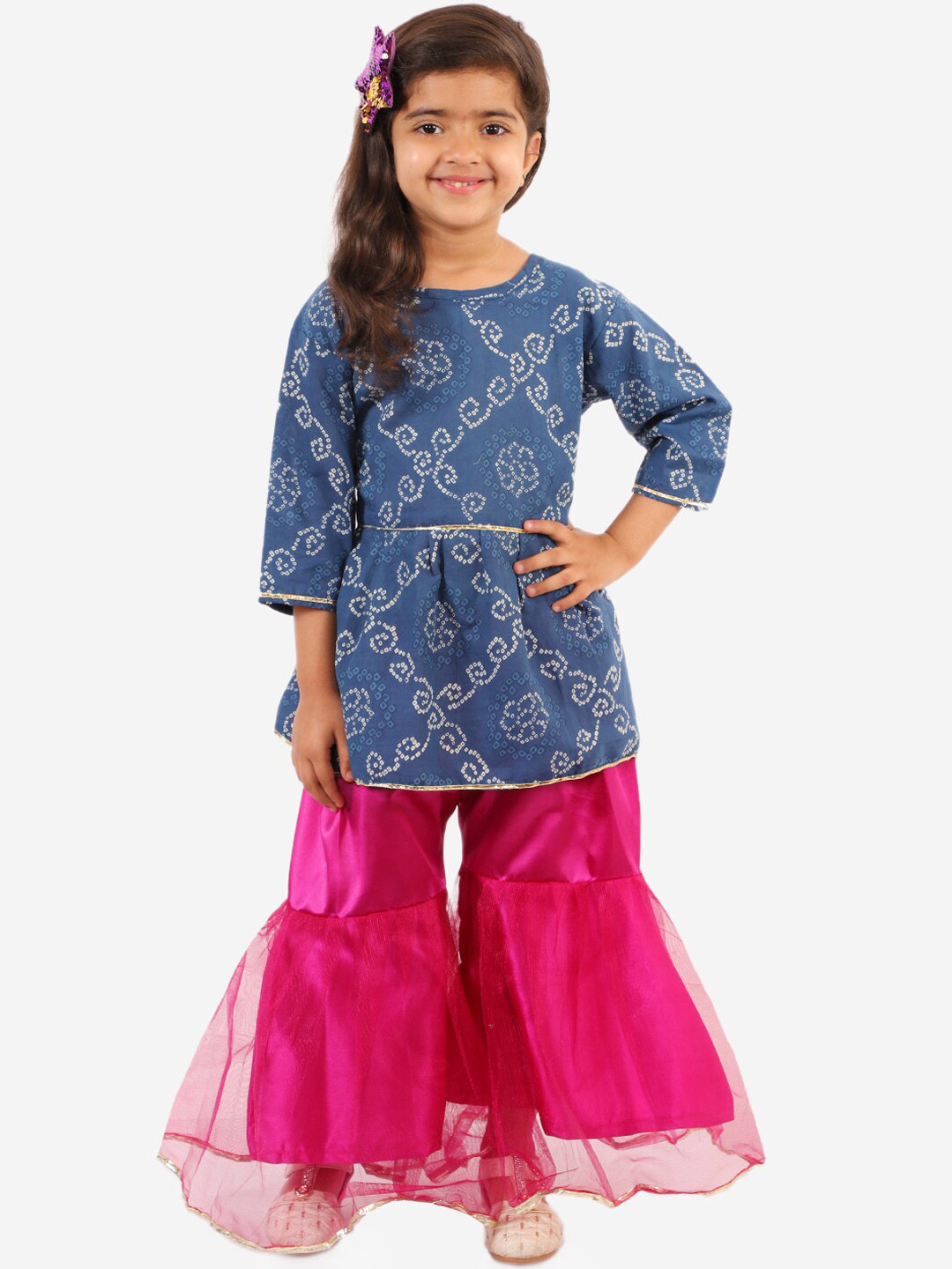 

Chipbeys Girls Blue & Pink Bandhani Print Kurti with Sharara