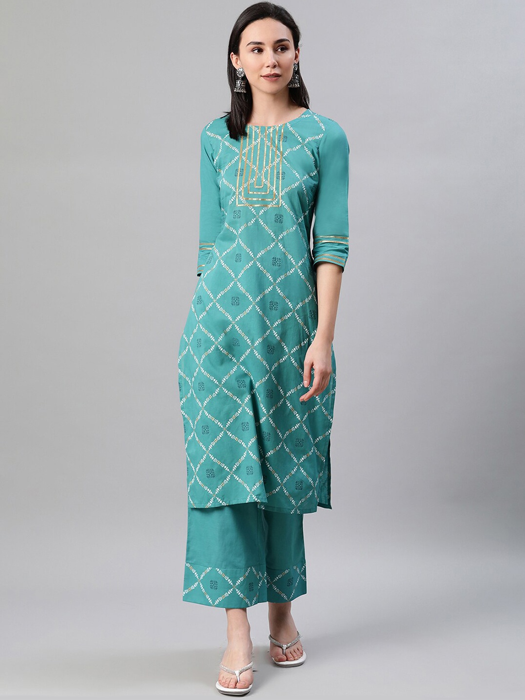 

ZIYAA Women Teal Geometric Foil Printed Straight Kurta