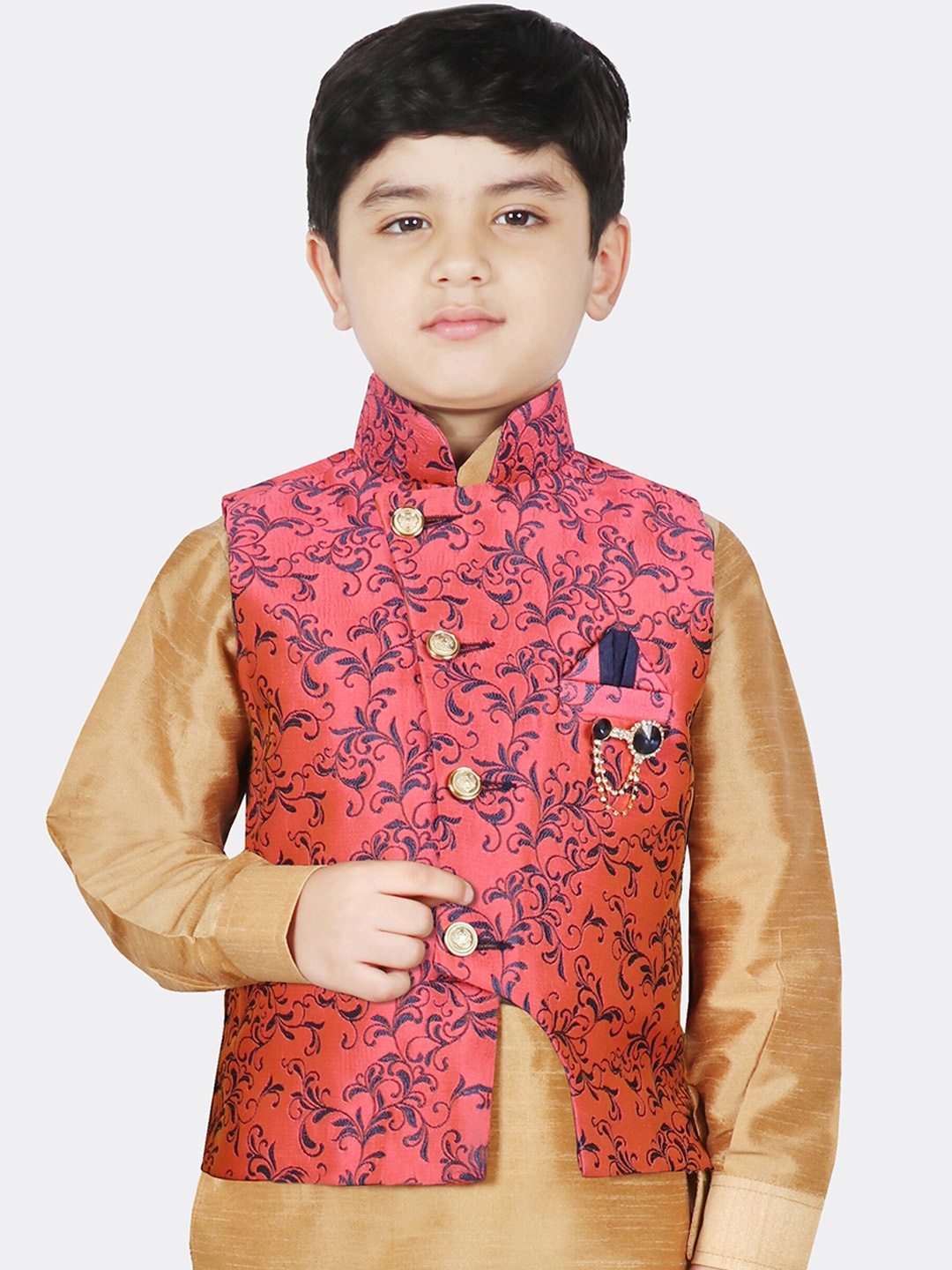 

SG YUVRAJ Boys Coral Pink & Navy Blue Ethnic Motifs Brocade Woven Design Nehru Jacket
