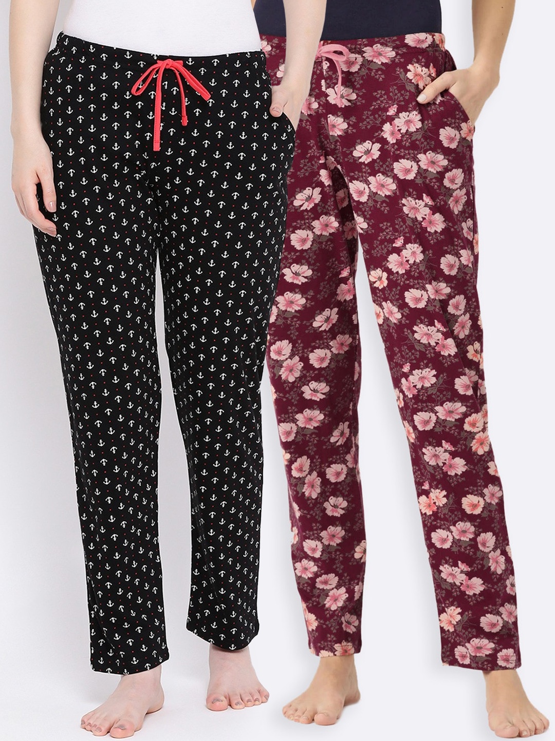 

Kanvin Women Pack of 2 Printed Pure Cotton Lounge Pants, Maroon