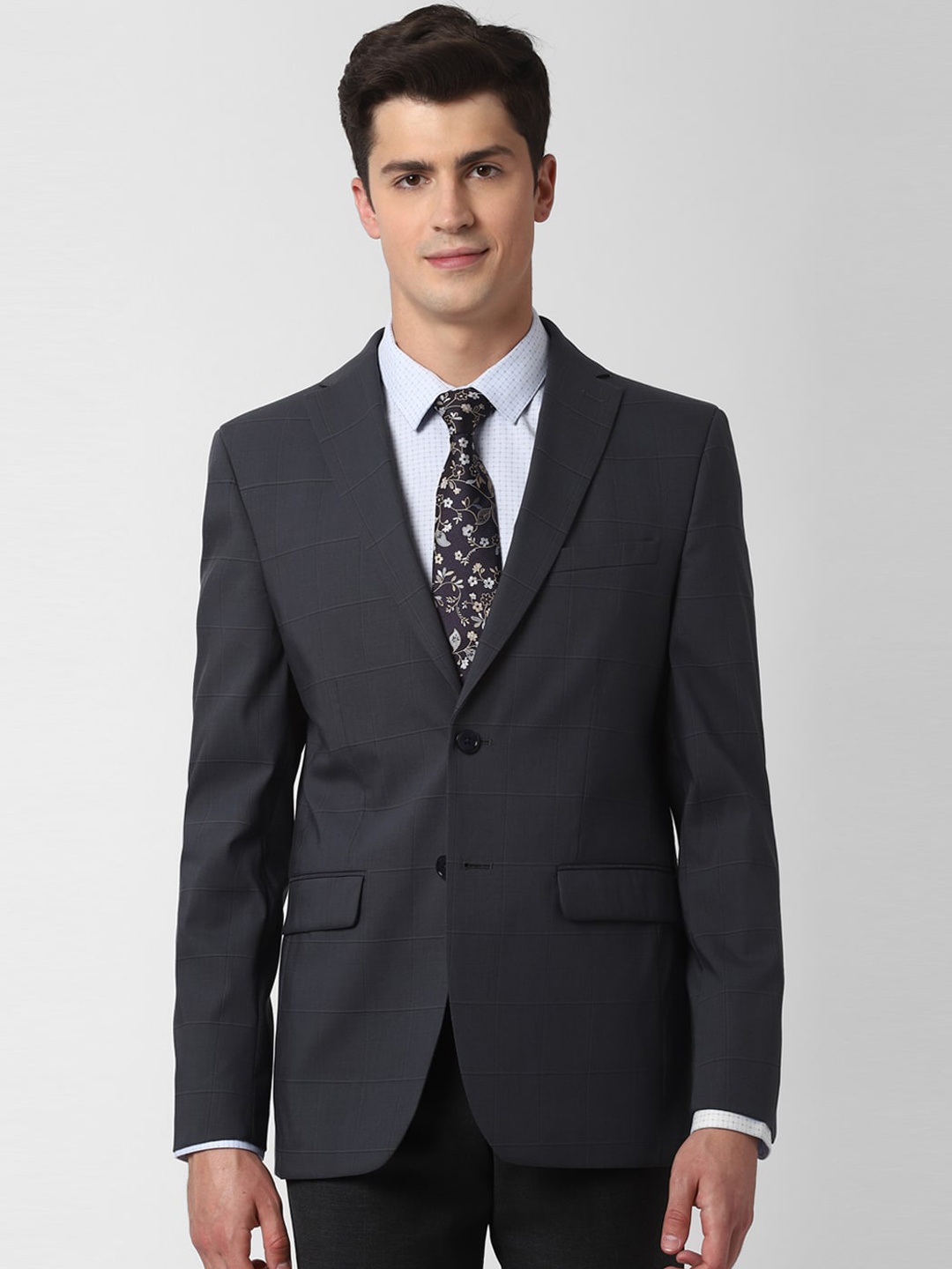 

Peter England Elite Men Grey Checked Slim-Fit Single-Breasted Formal Blazer
