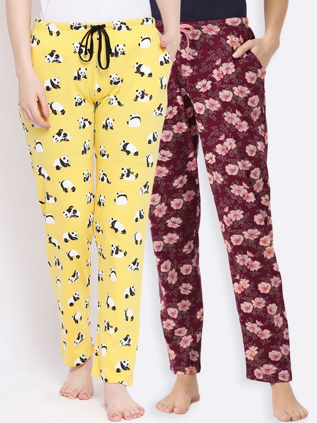 

Kanvin Women Pack of 2 Printed Pure Cotton Lounge Pants, Maroon