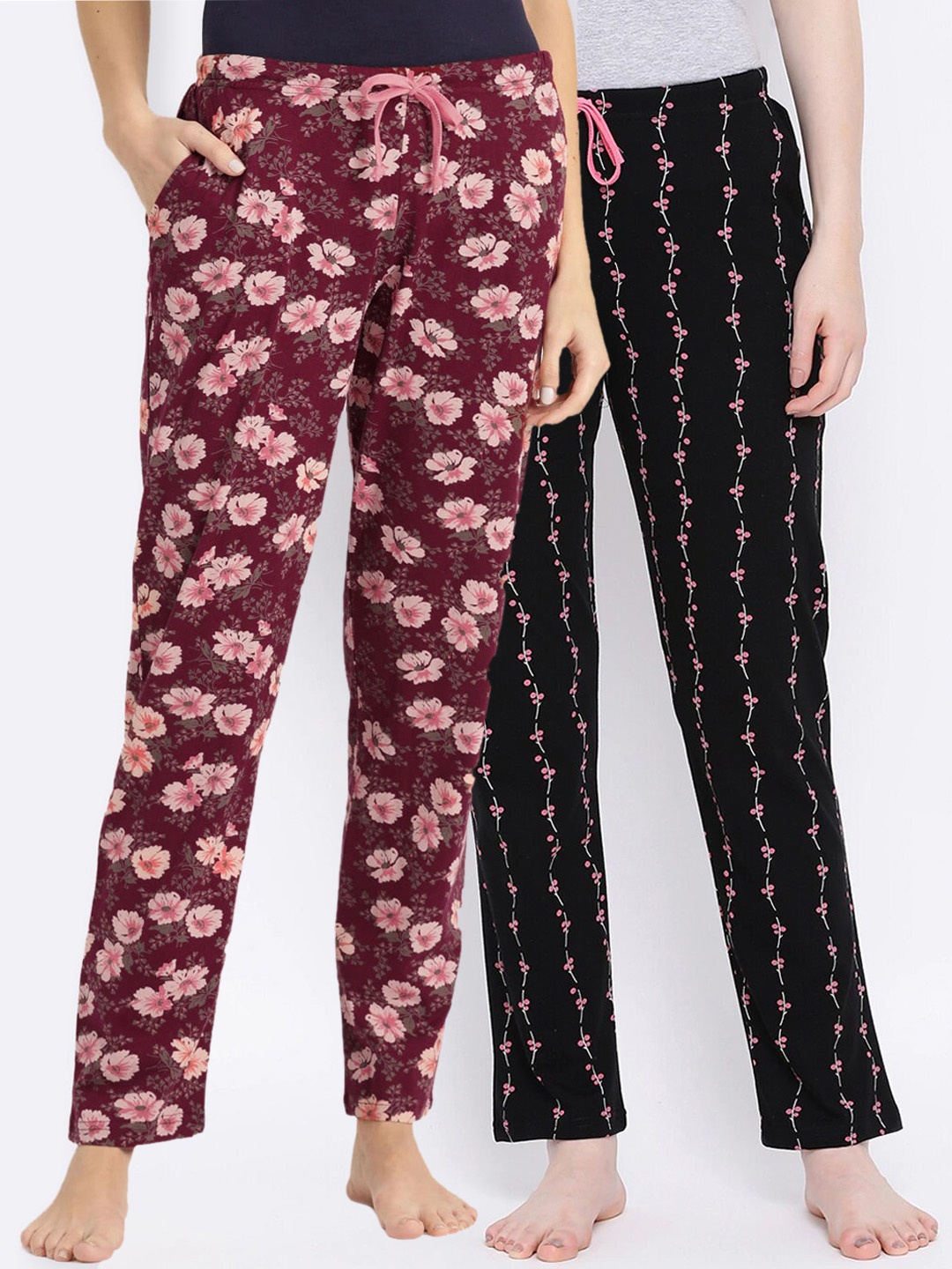 

Kanvin Women Pack of 2 Printed Pure Cotton Lounge Pants, Maroon