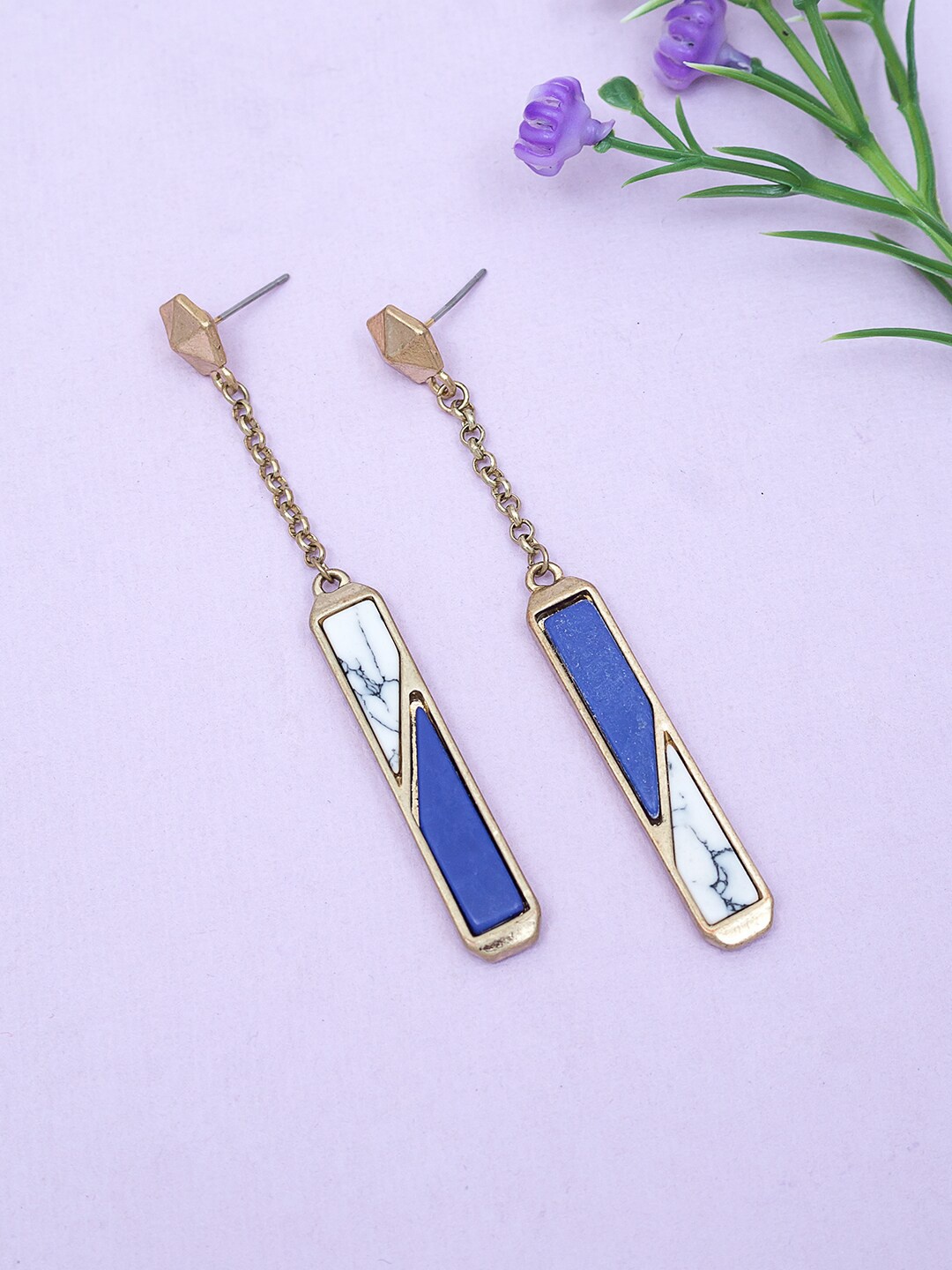 

Golden Peacock Gold-Toned & Blue Geometric Drop Earrings