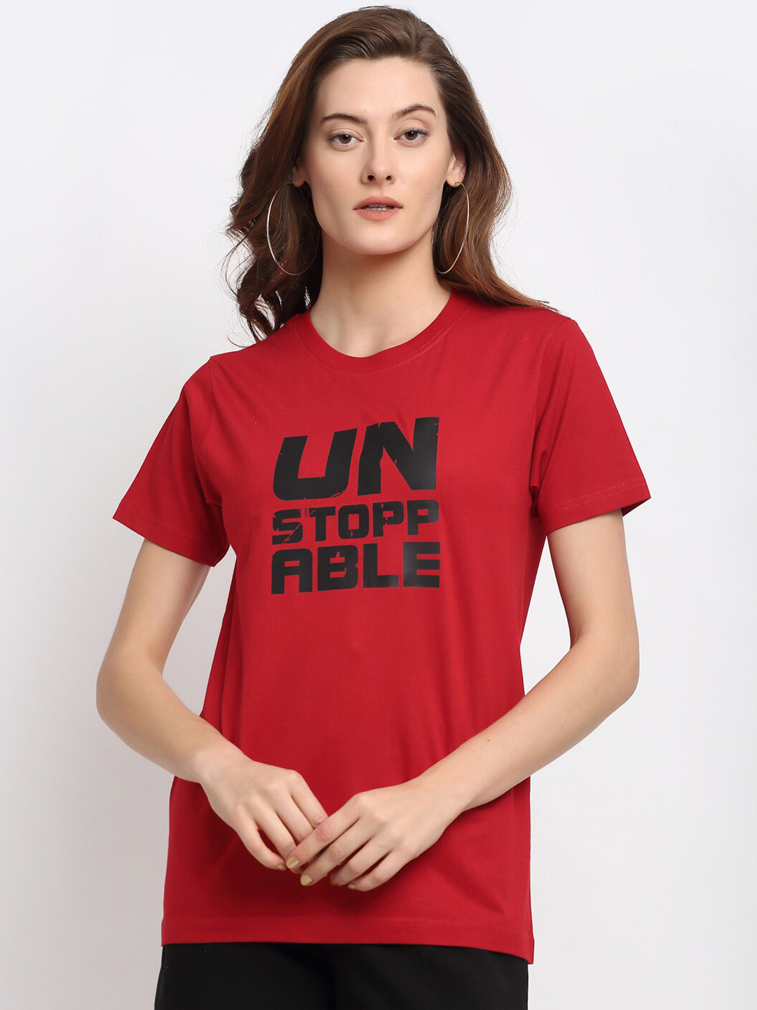 

YOLOCLAN Women Red Printed Round Neck T-shirt