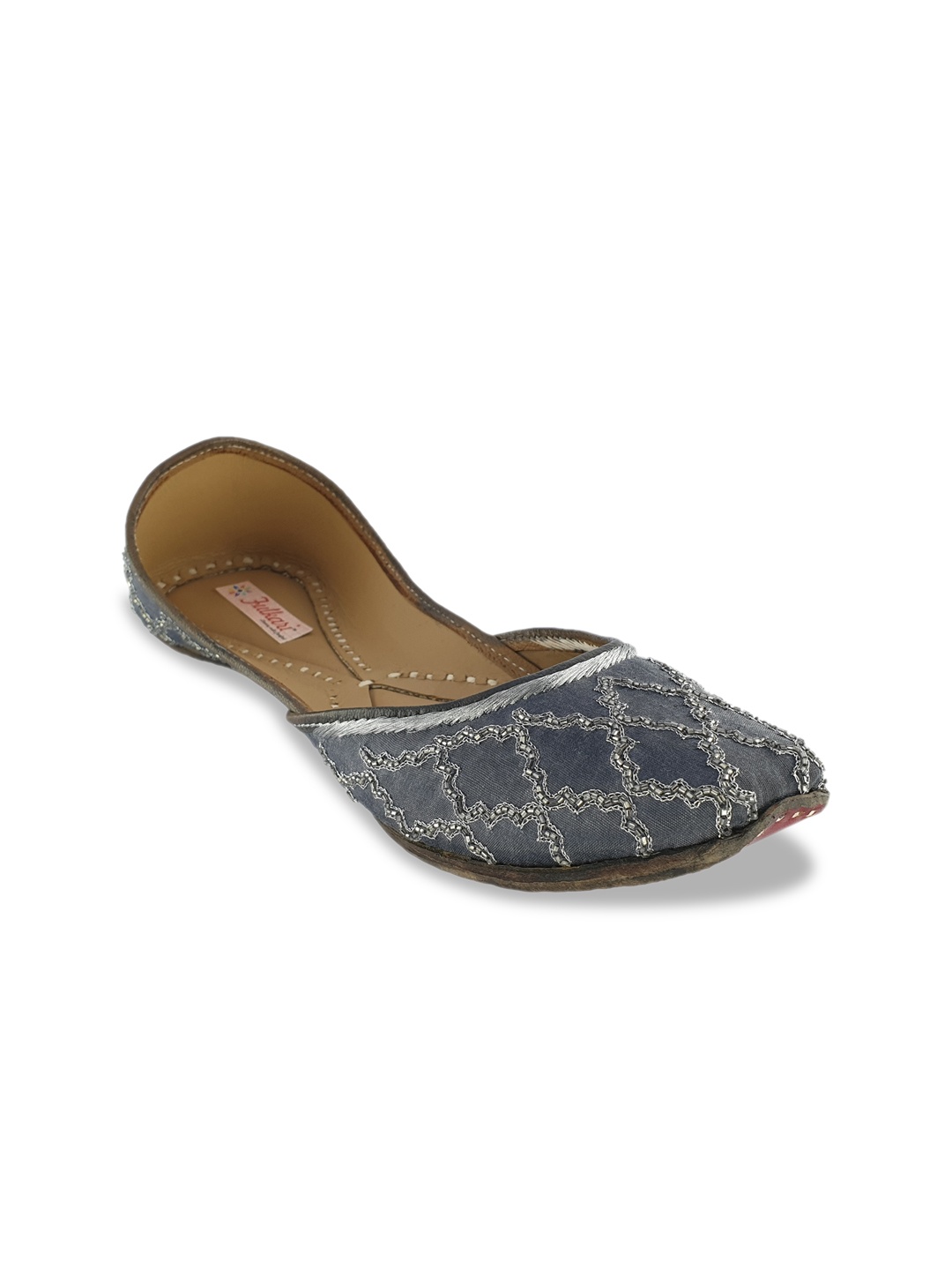 

Fulkari Women Grey Woven Design Leather Mojaris