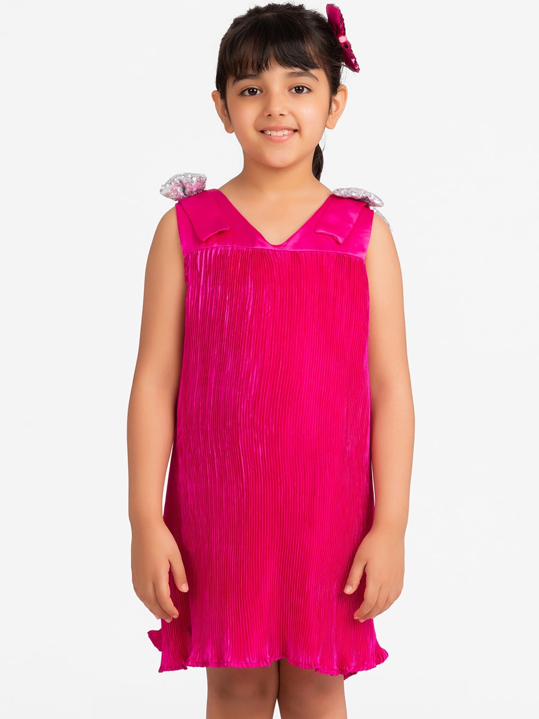 

KIDKLO Girls Pink Solid A-Line Dress with Shoulder Bows