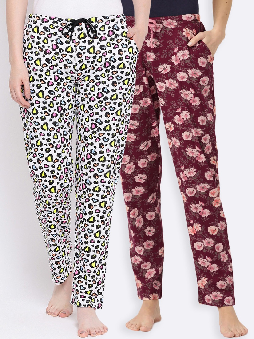

Kanvin Women Pack of 2 Printed Pure Cotton Lounge Pants, Maroon