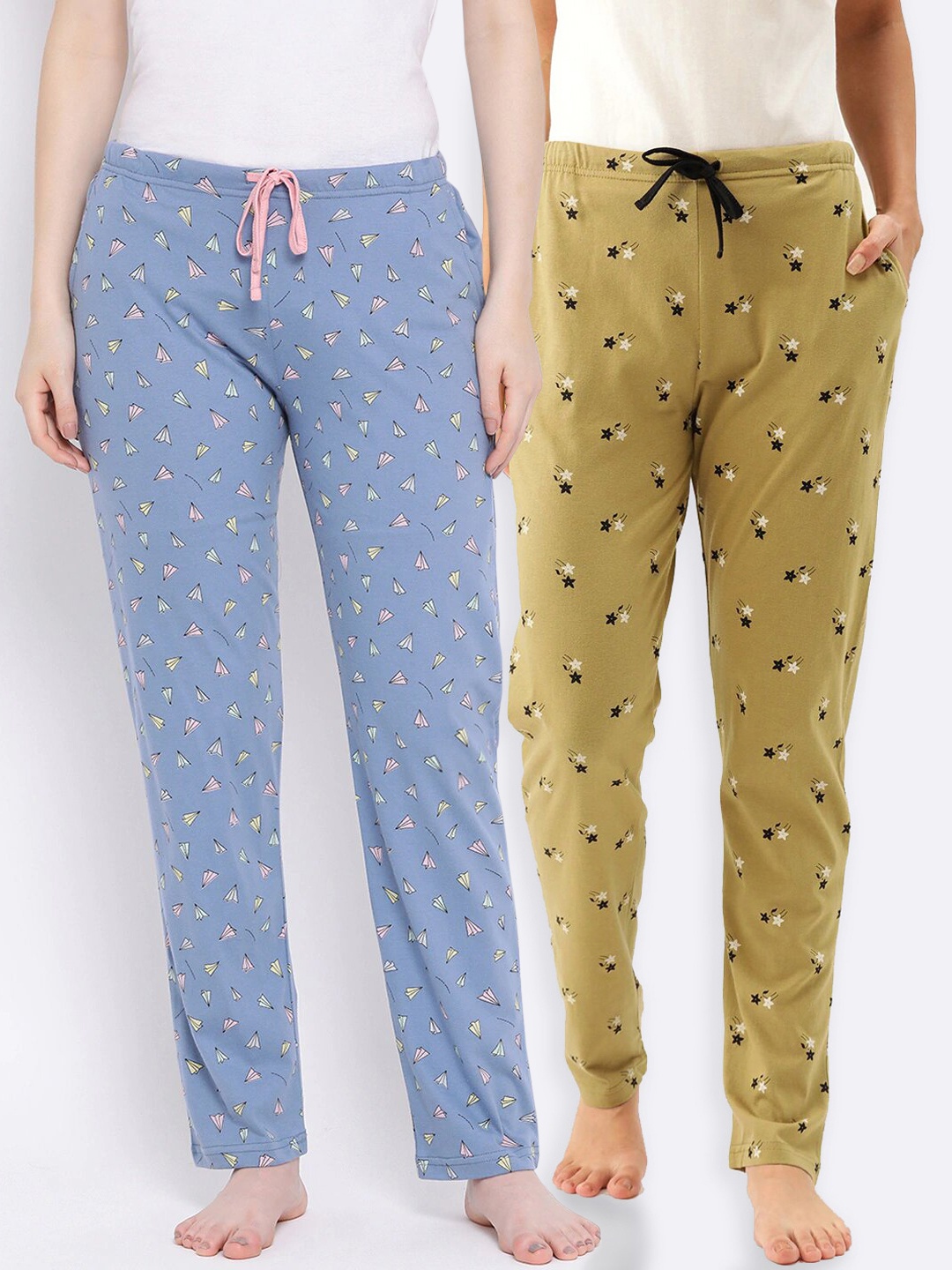 

Kanvin Women Pack of 2 Printed Pure Cotton Lounge Pants, Mustard