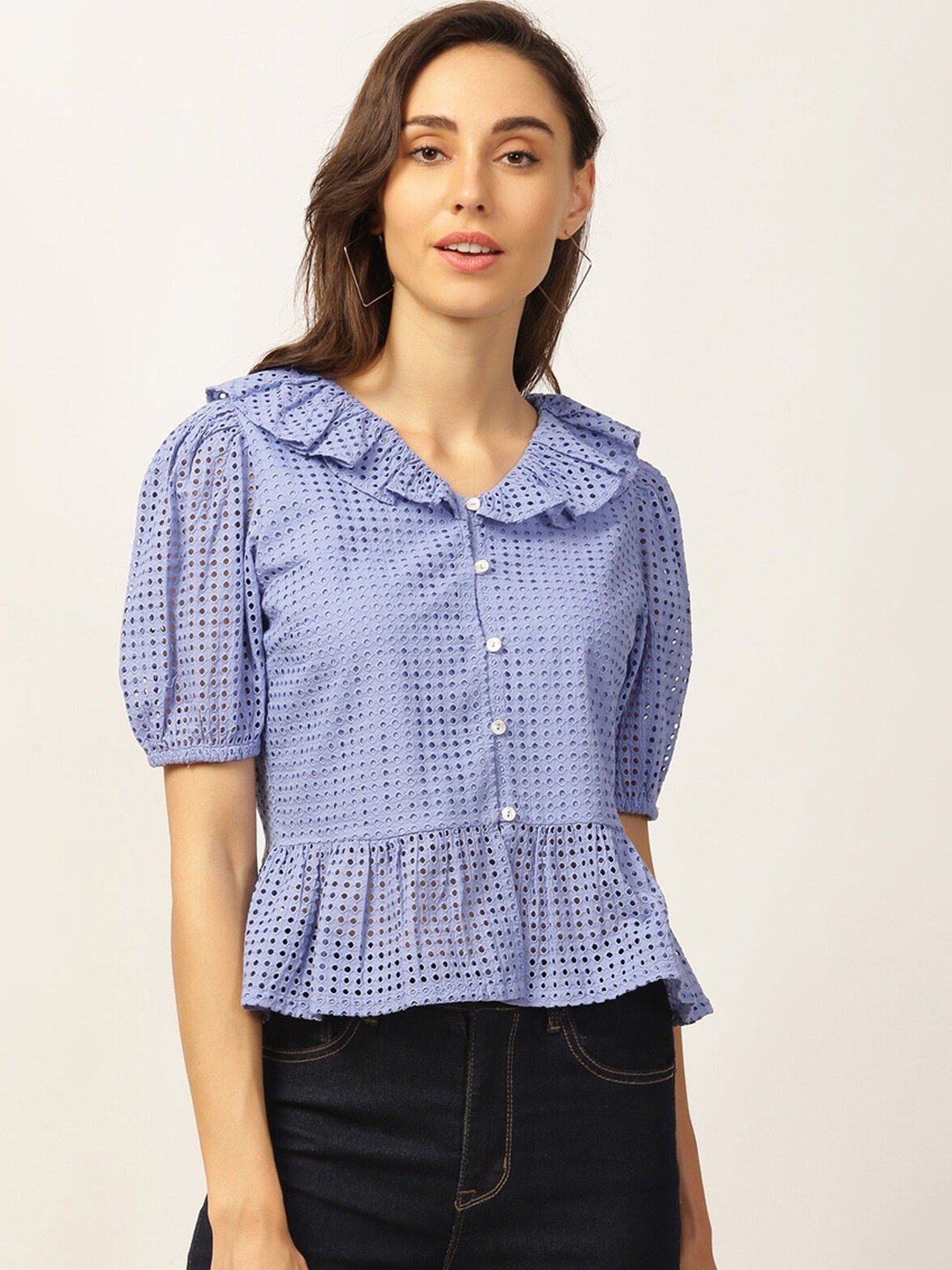 

ELLE Blue Checked Peplum Top