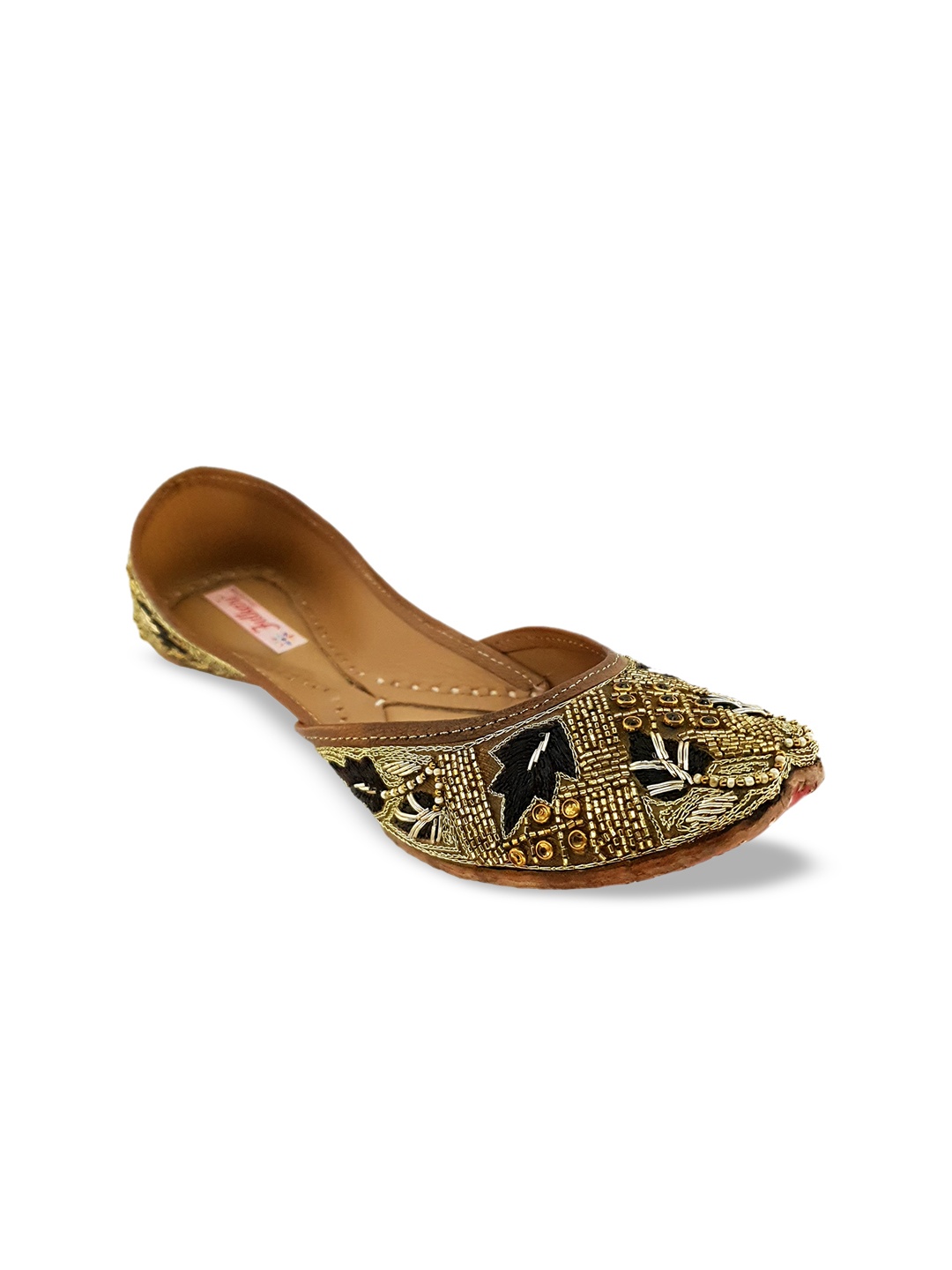 

Fulkari Women Brown Embellished Leather Mojaris