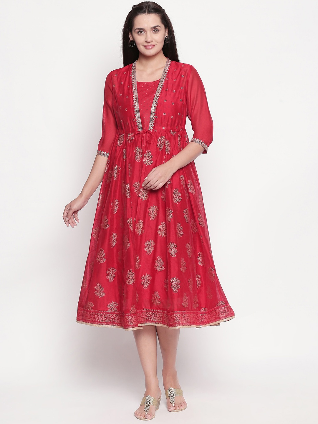 

RANGMANCH BY PANTALOONS Women Red Printed Layered Fit and Flare Dress